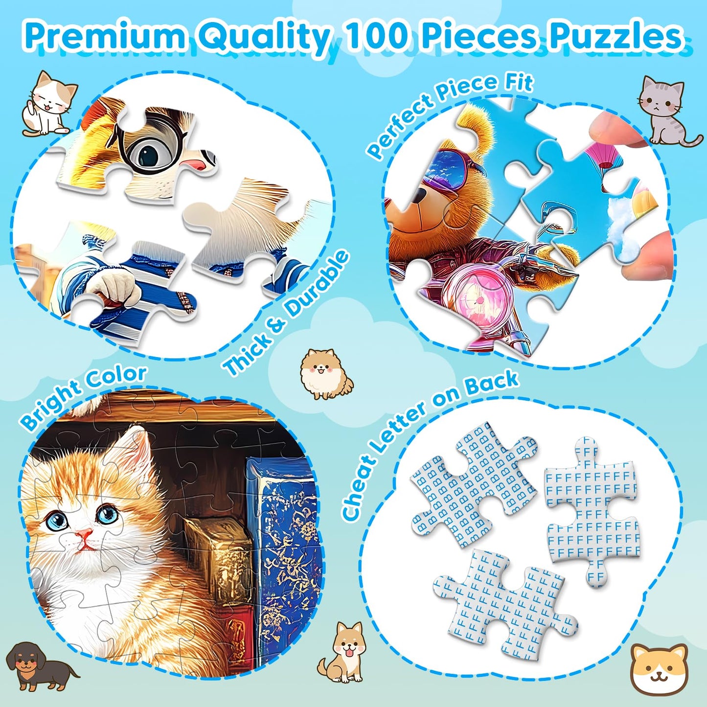 Ciavotie 4-Pack 100-Piece Puzzles for Kids 4-10 | Cats, Bears & Dogs Large Piece Puzzles
