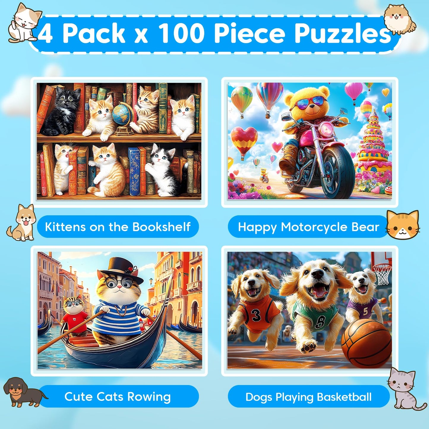 Ciavotie 4-Pack 100-Piece Puzzles for Kids 4-10 | Cats, Bears & Dogs Large Piece Puzzles
