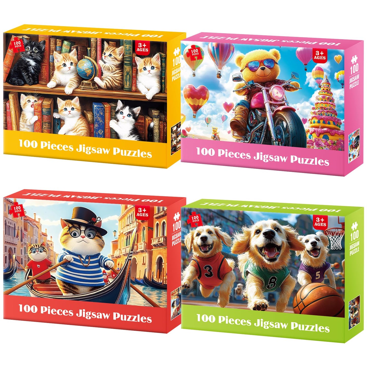 Ciavotie 4-Pack 100-Piece Puzzles for Kids 4-10 | Cats, Bears & Dogs Large Piece Puzzles