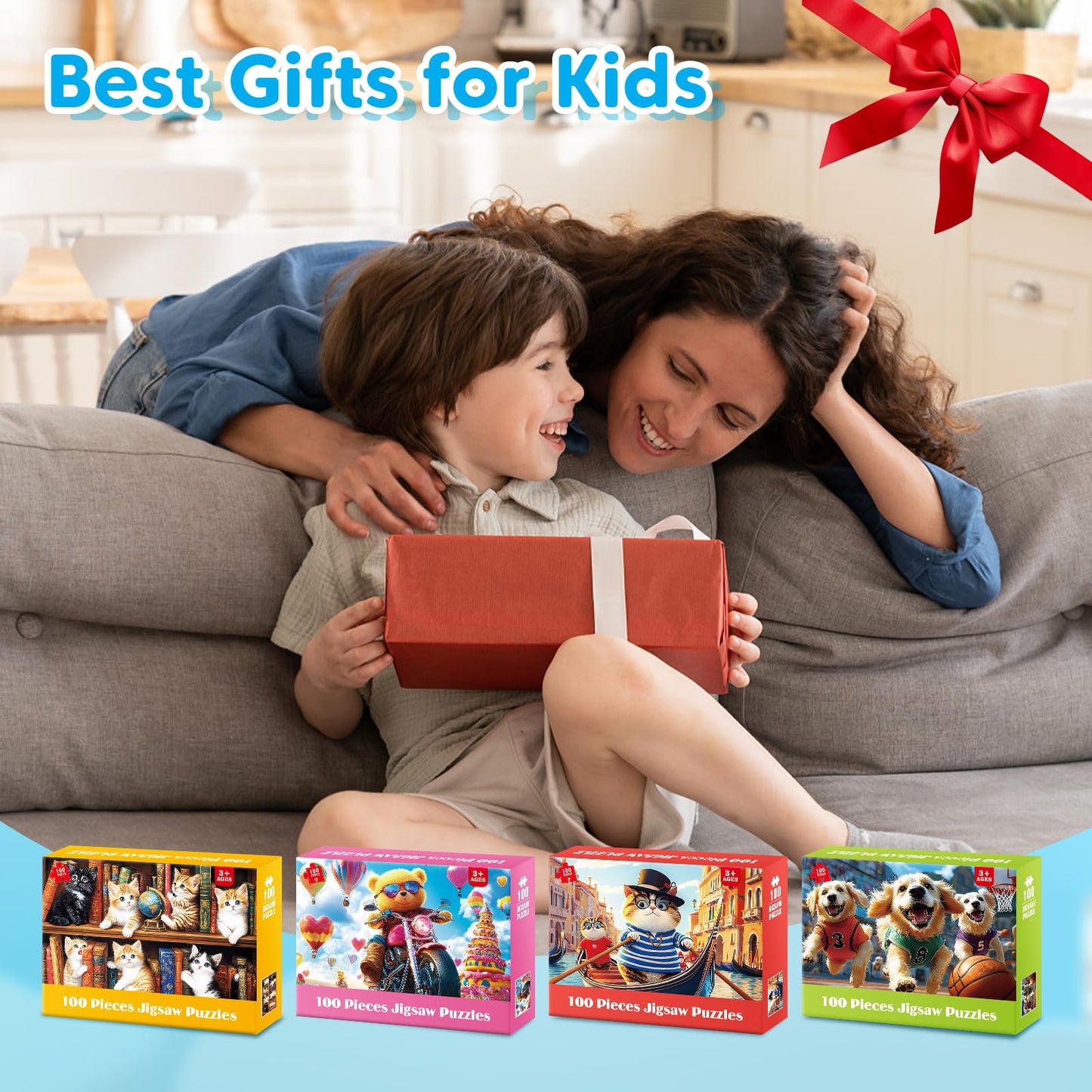 Ciavotie 4-Pack 100-Piece Puzzles for Kids 4-10 | Cats, Bears & Dogs Large Piece Puzzles