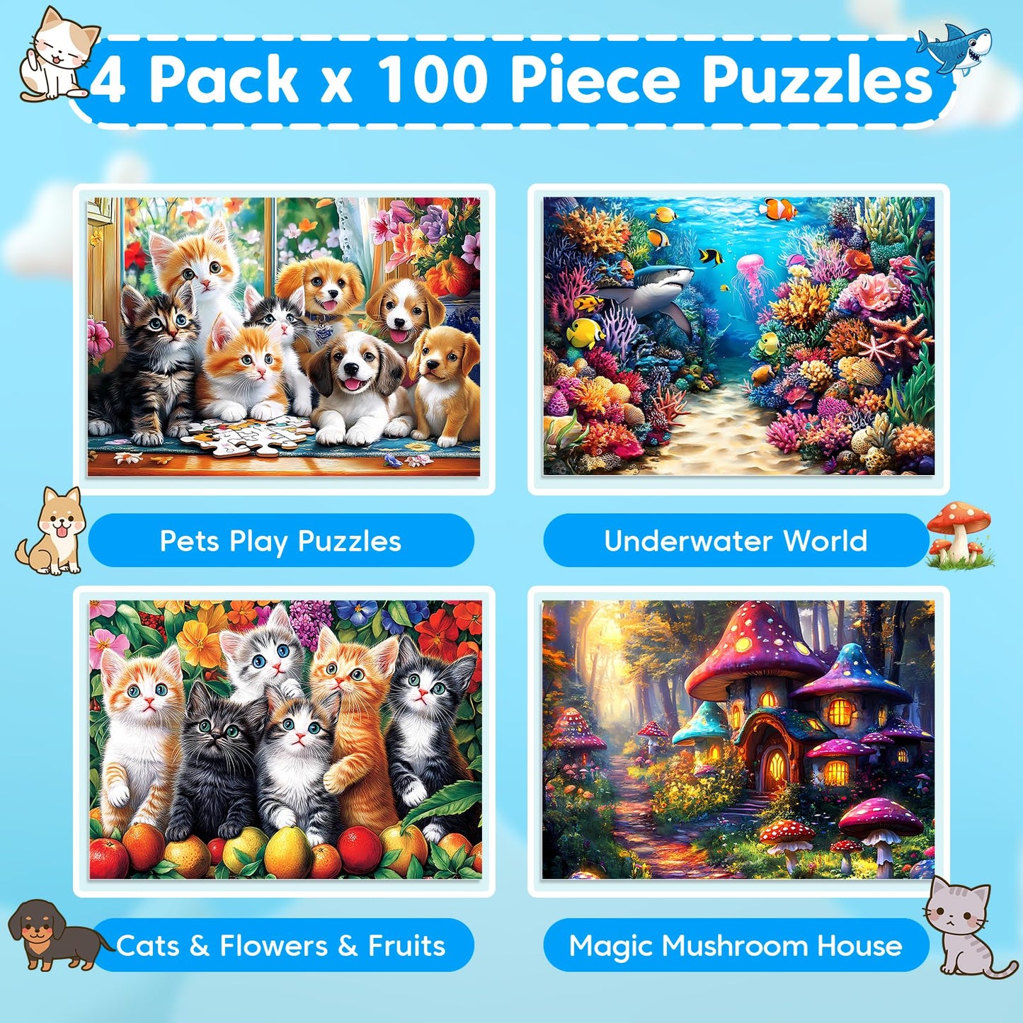 Ciavotie 4-Pack 100-Piece Puzzles – Large-Piece Family Jigsaws for Kids & Adults