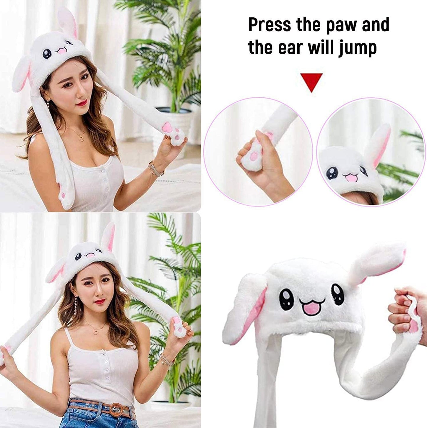 CICITOYWO Jumping Ear Rabbit Hat – Plush Bunny Beanie with Moving Ears (Pink)