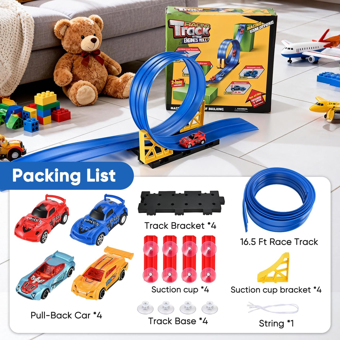 Cieex Flexible Race Track for Kids – 16.5 ft Dual-Lane Roll-Up Car Track Set with 4 Cars