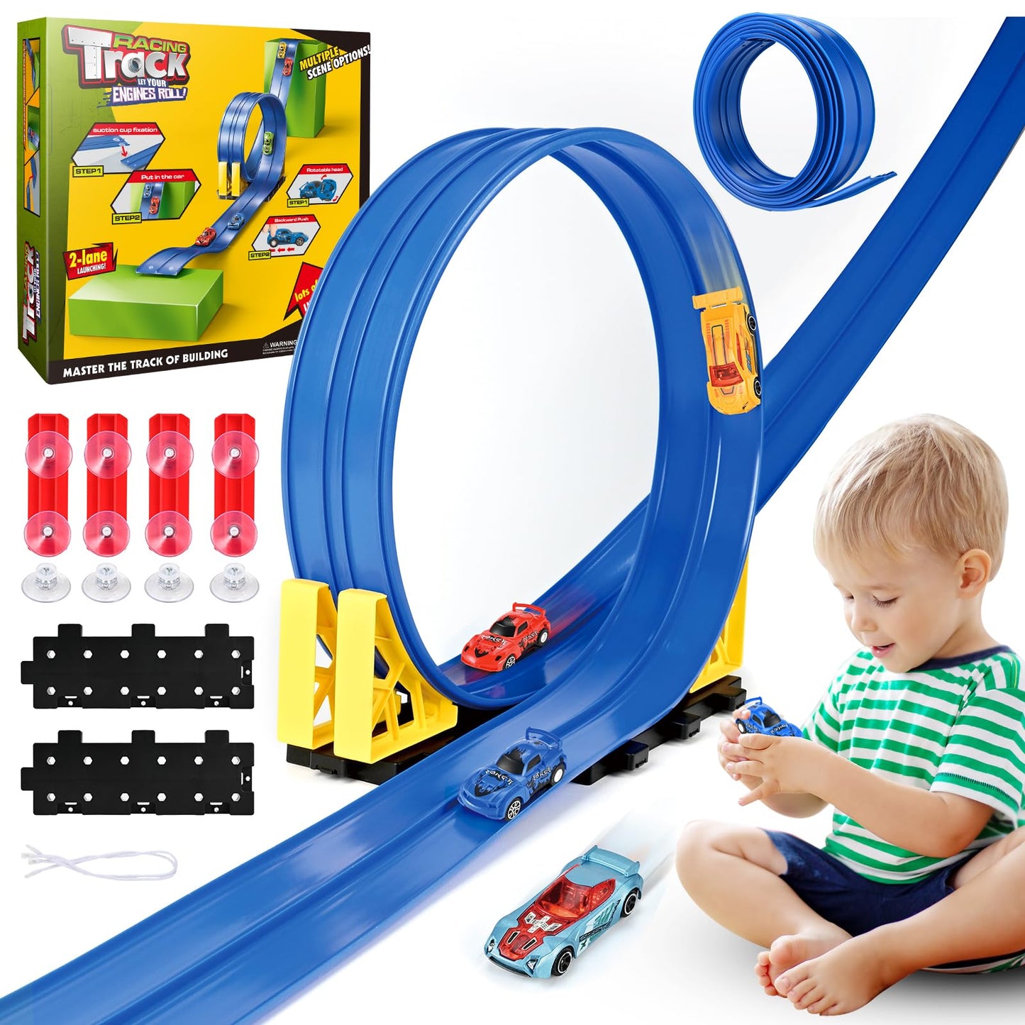 Cieex Flexible Race Track for Kids – 16.5 ft Dual-Lane Roll-Up Car Track Set with 4 Cars