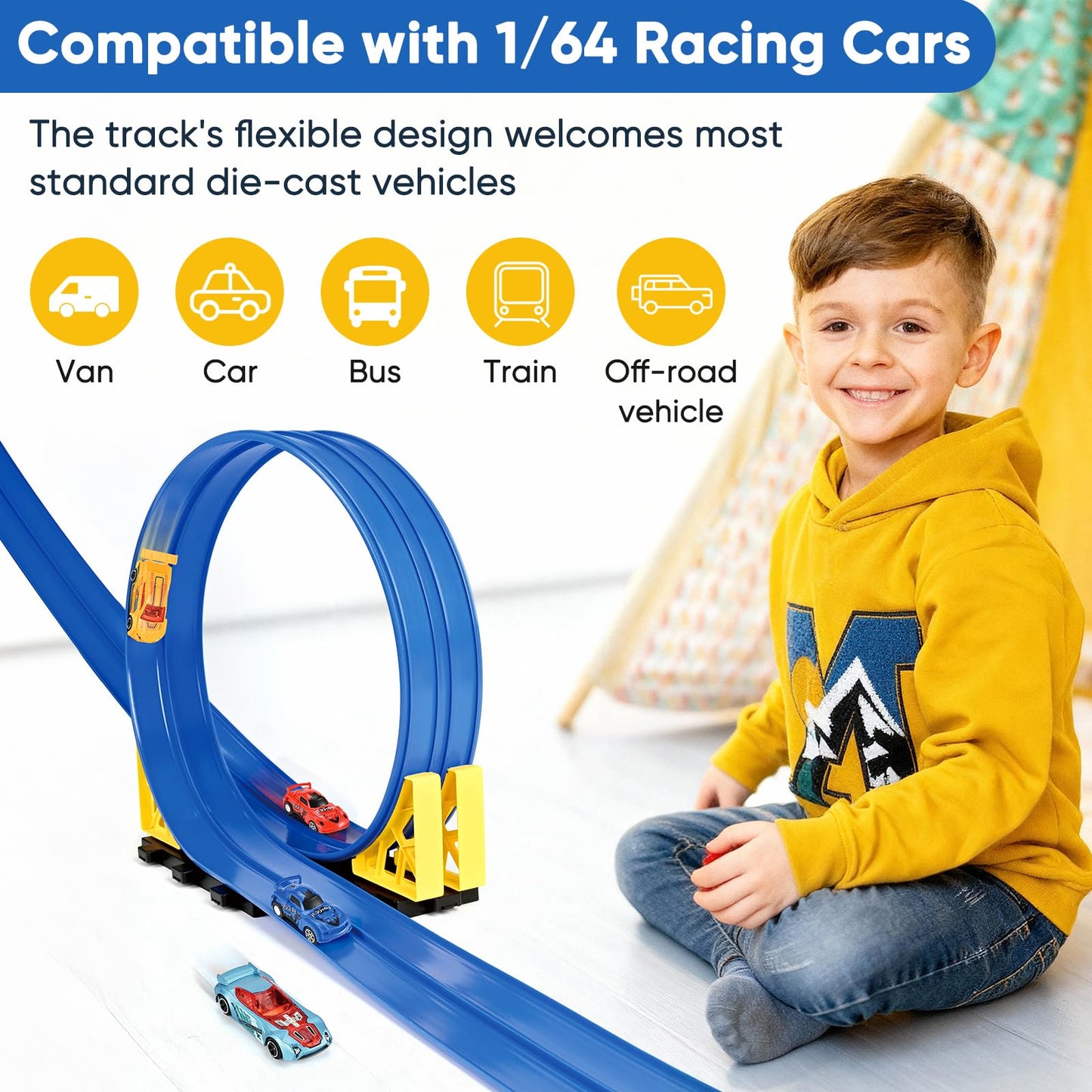 Cieex Flexible Race Track for Kids – 16.5 ft Dual-Lane Roll-Up Car Track Set with 4 Cars