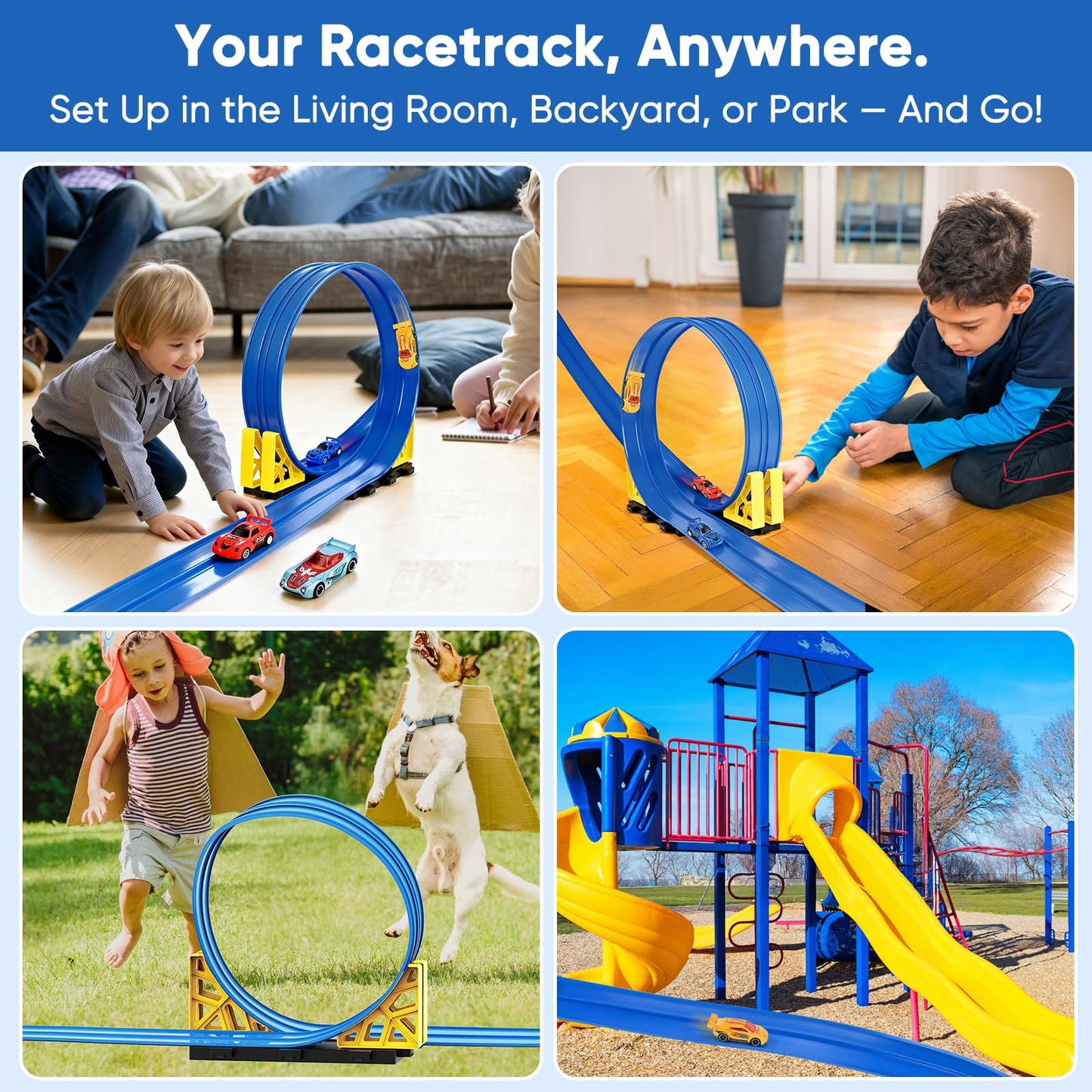 Cieex Flexible Race Track for Kids – 16.5 ft Dual-Lane Roll-Up Car Track Set with 4 Cars