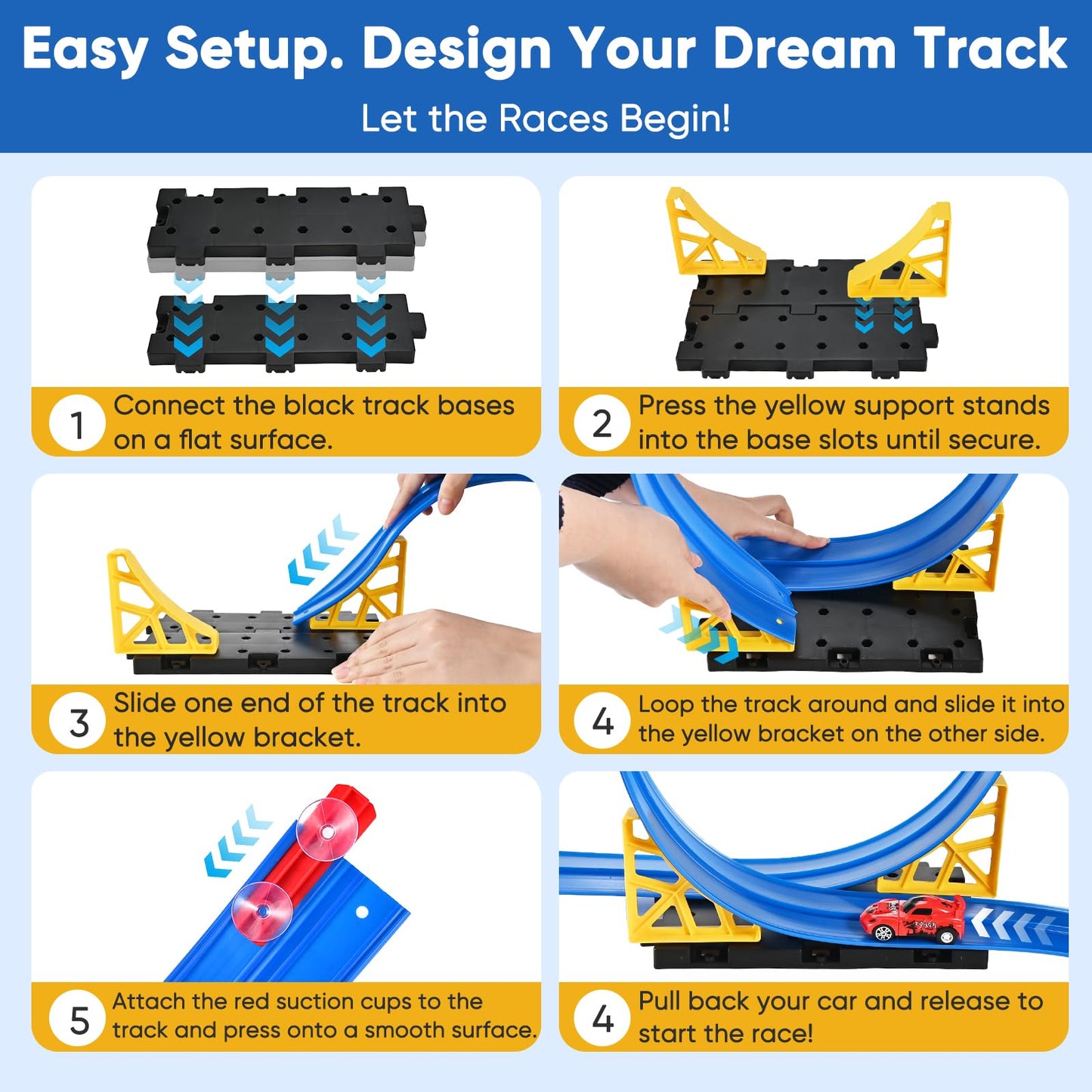 Cieex Flexible Race Track for Kids – 16.5 ft Dual-Lane Roll-Up Car Track Set with 4 Cars