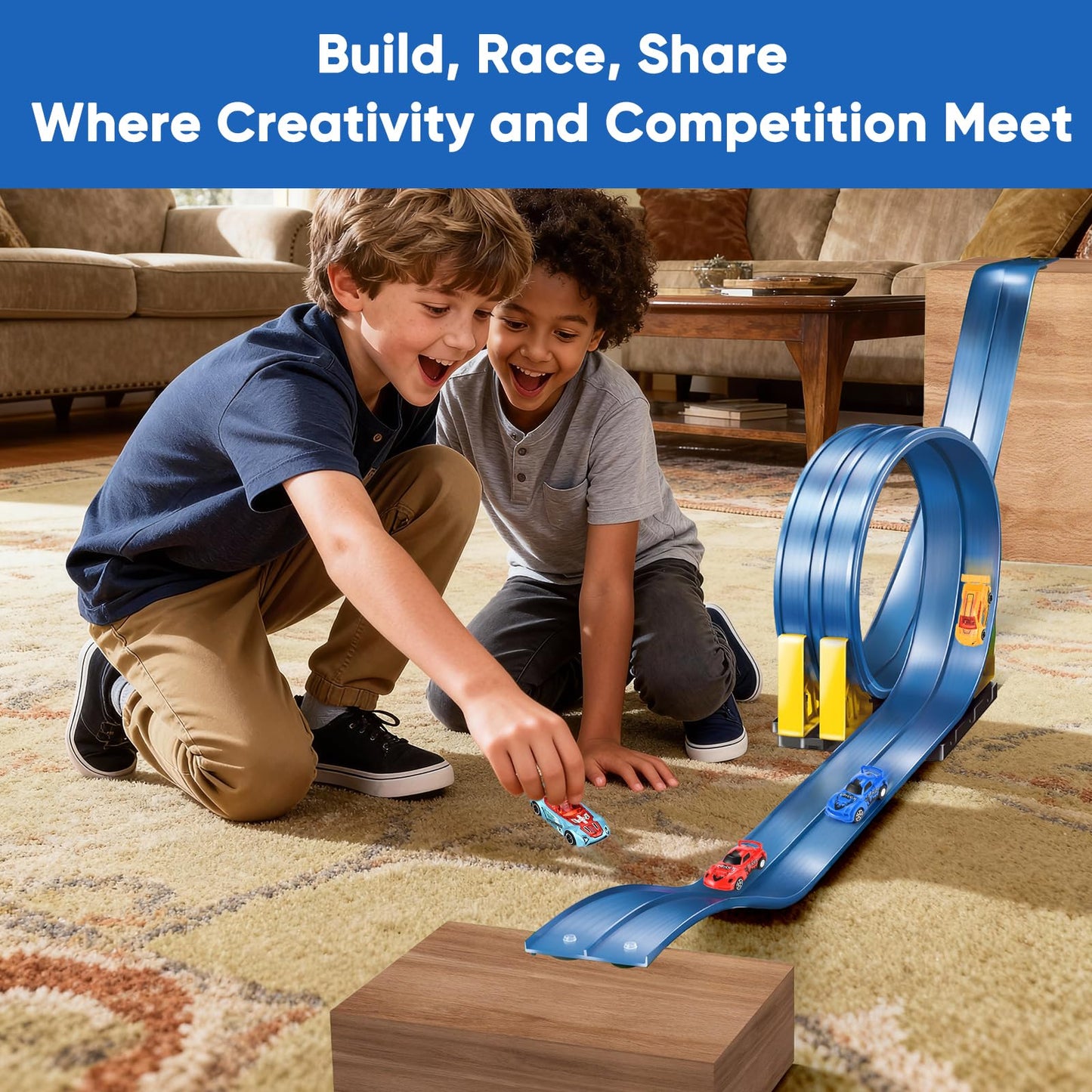 Cieex Flexible Race Track for Kids – 16.5 ft Dual-Lane Roll-Up Car Track Set with 4 Cars