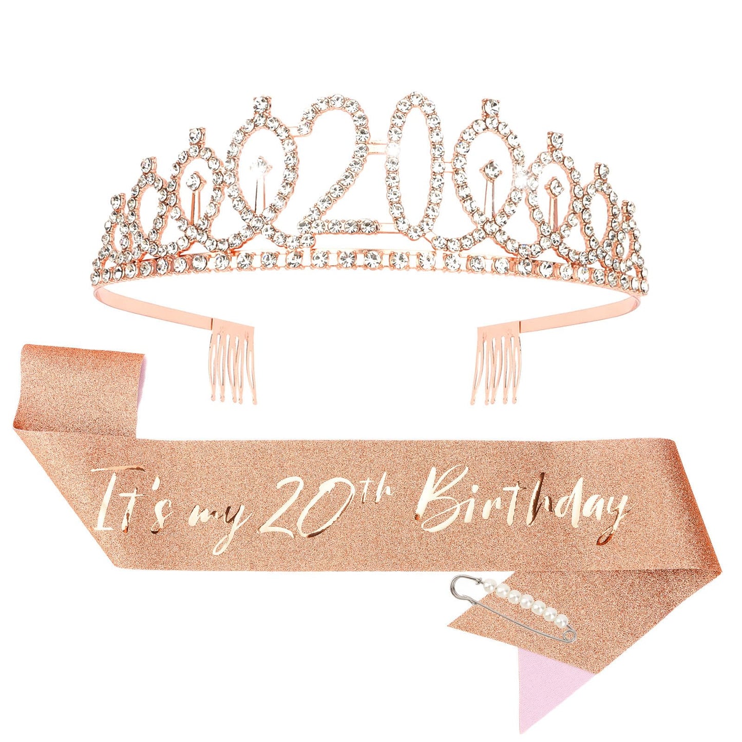 CIEHER 20th Birthday Crown & Sash — Rose Gold for Girls