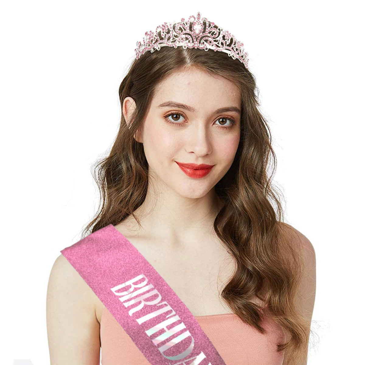 CIEHER Princess Crown & Birthday Sash Set | Pink Tiara for Girls' Party