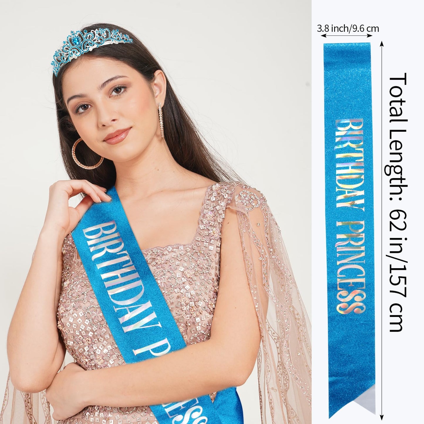 CIEHER Princess Crown and Sash Set - Blue Birthday Tiara for Girls