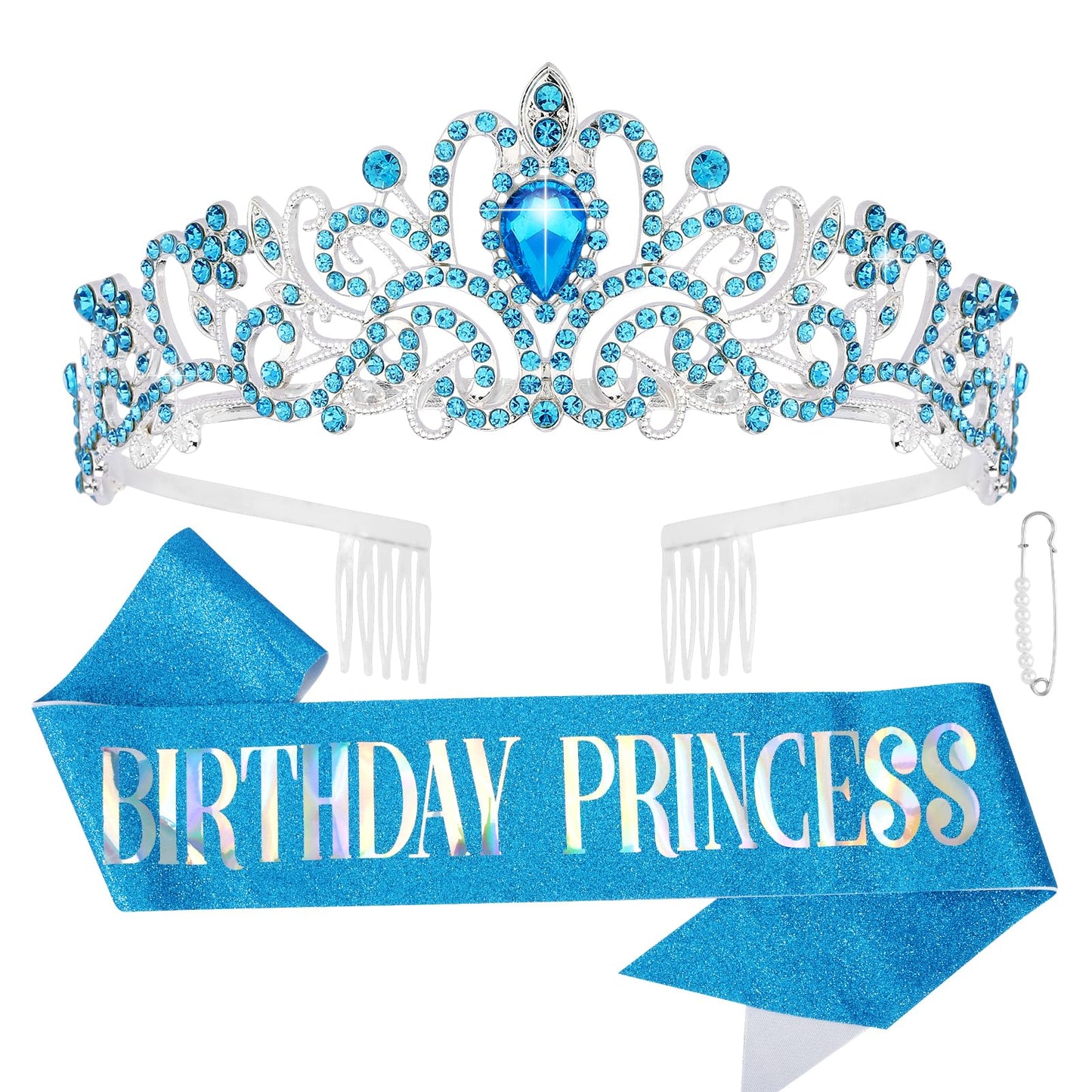 CIEHER Princess Crown and Sash Set - Blue Birthday Tiara for Girls