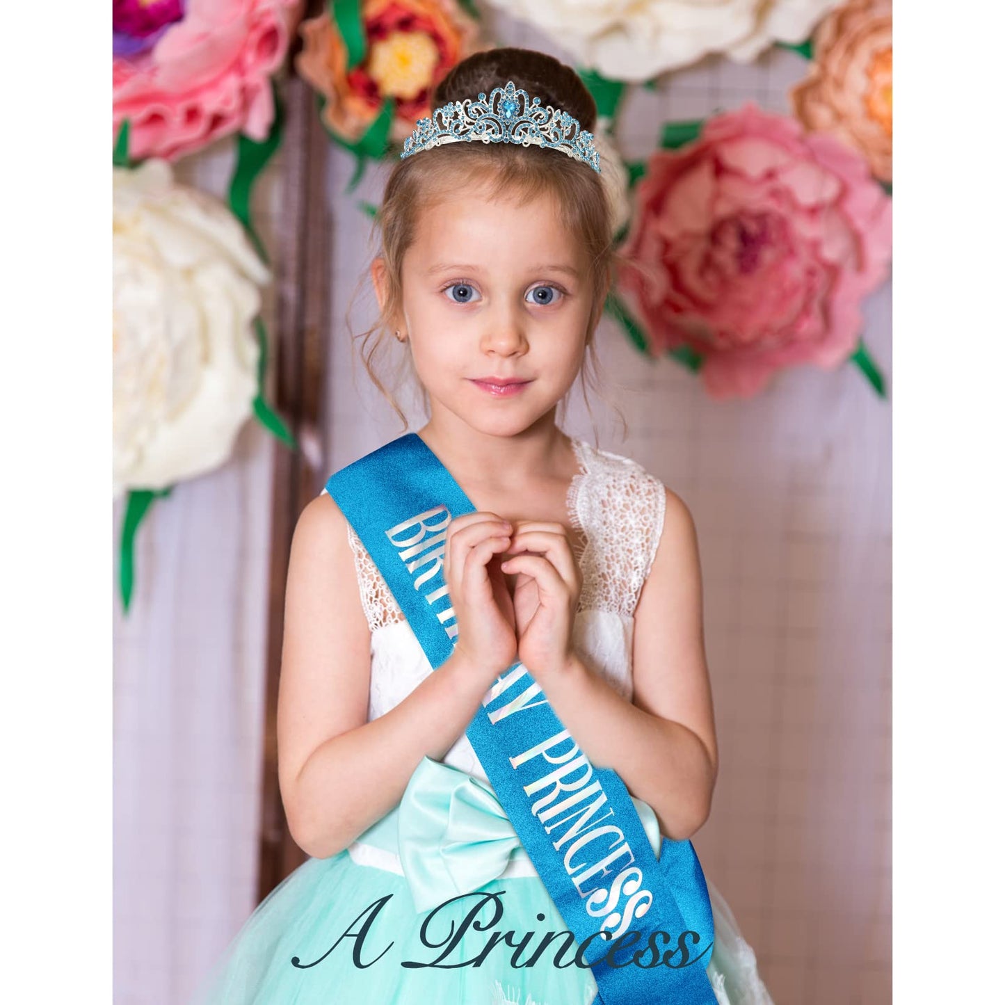 CIEHER Princess Crown and Sash Set - Blue Birthday Tiara for Girls