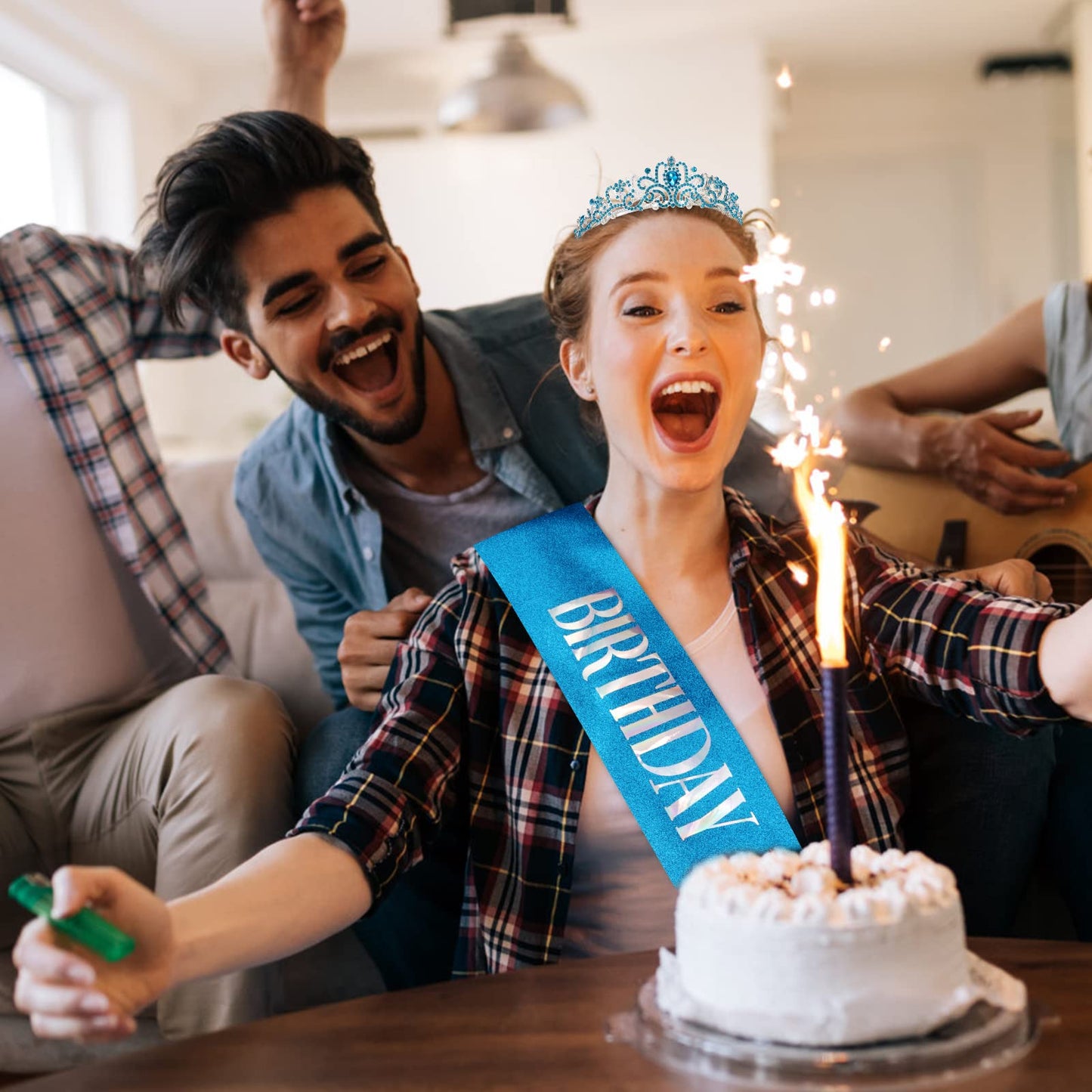 CIEHER Princess Crown and Sash Set - Blue Birthday Tiara for Girls