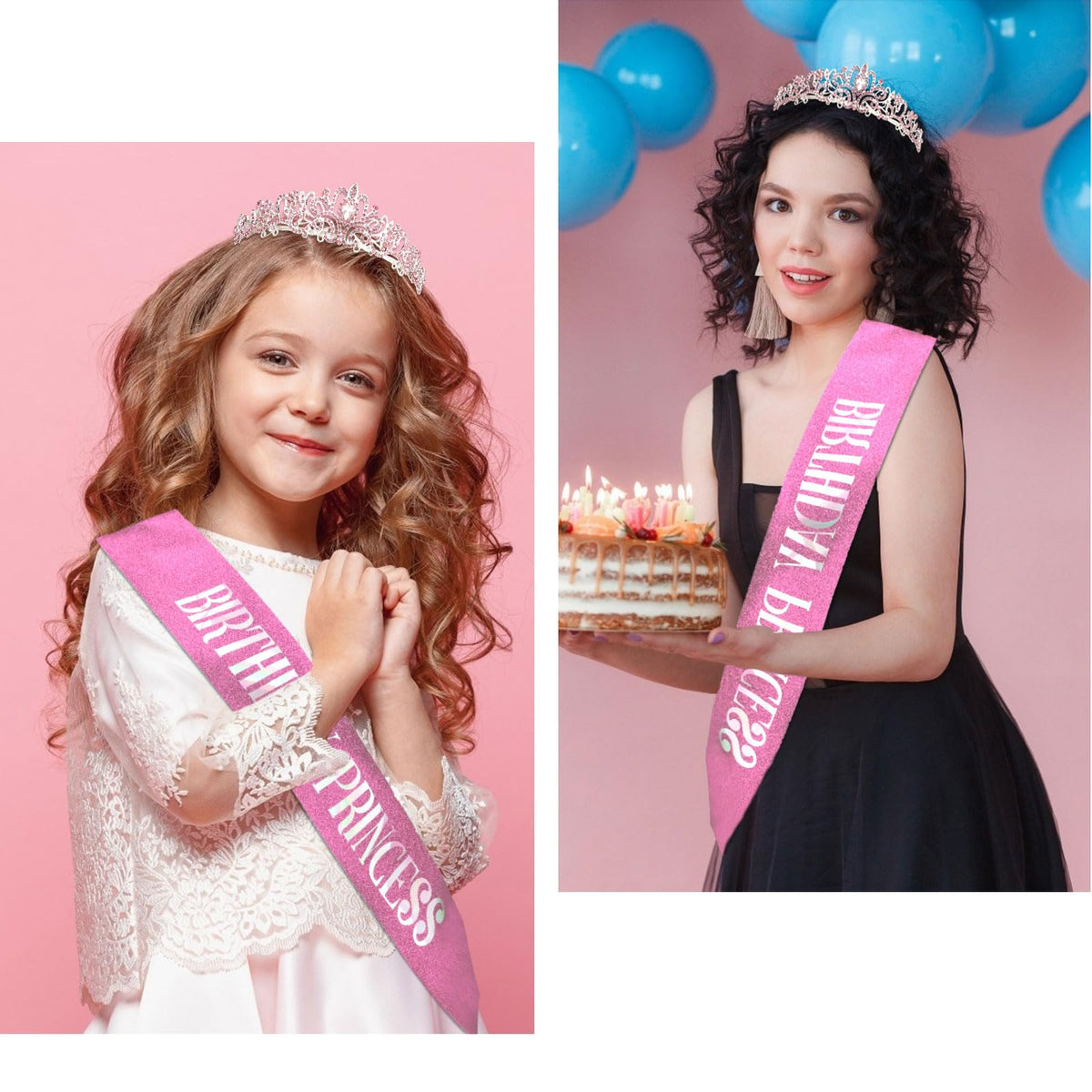 CIEHER Princess Crown & Birthday Sash Set | Pink Tiara for Girls' Party