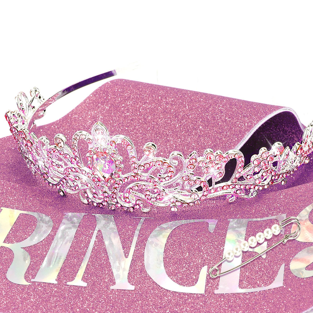 CIEHER Princess Crown & Birthday Sash Set | Pink Tiara for Girls' Party