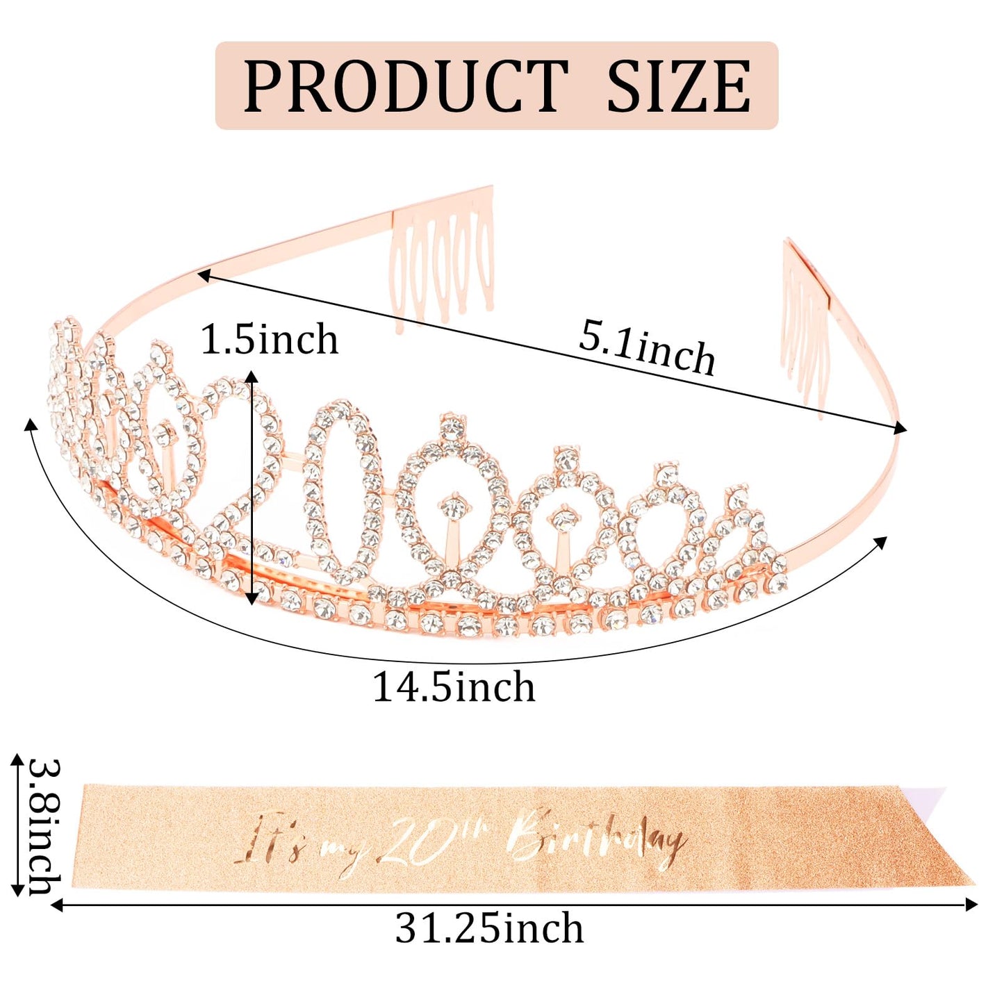 CIEHER 20th Birthday Crown & Sash — Rose Gold for Girls