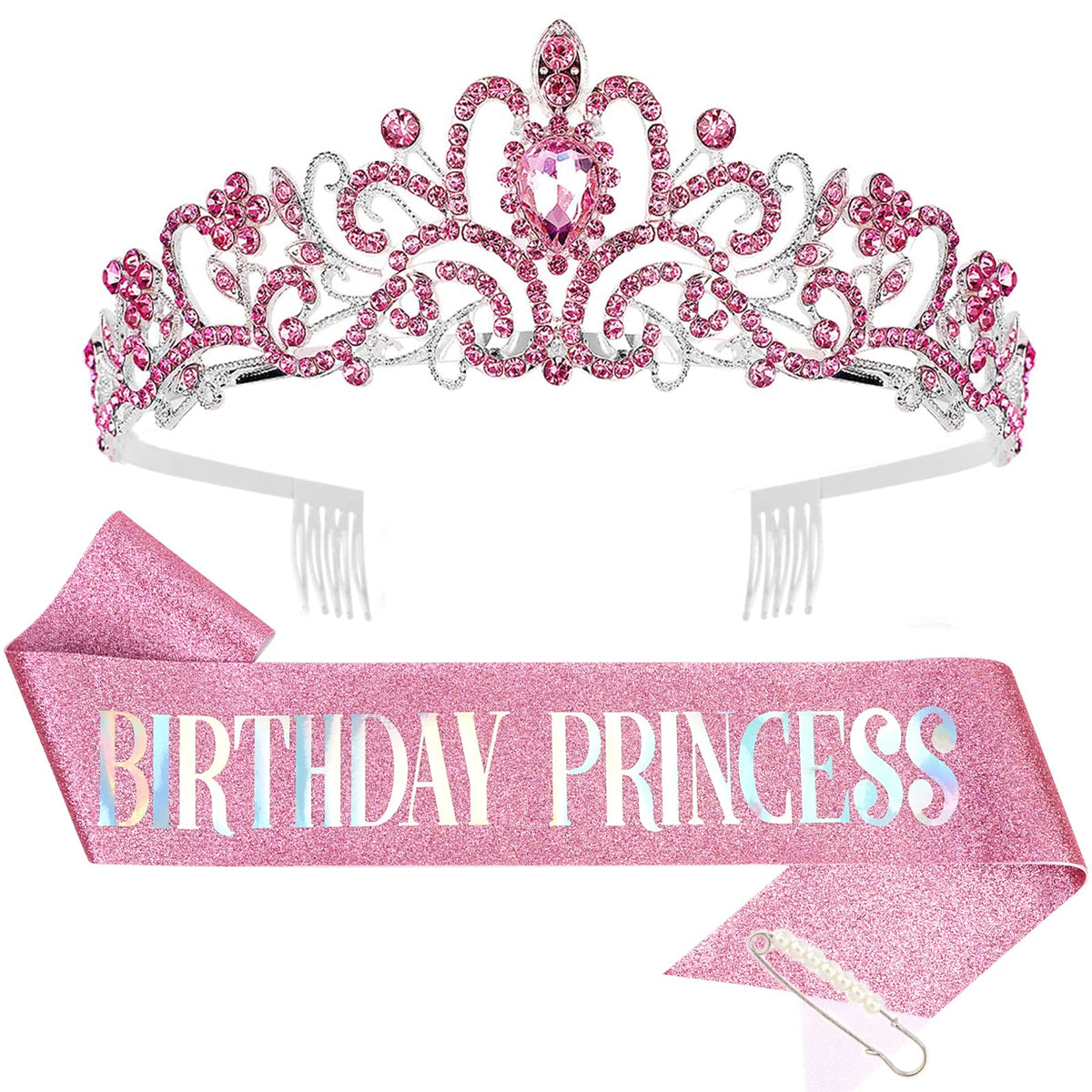 CIEHER Princess Crown & Birthday Sash Set | Pink Tiara for Girls' Party