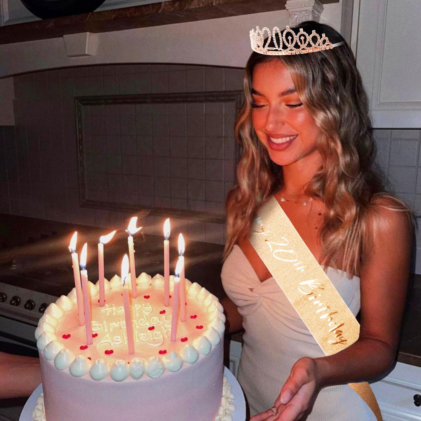CIEHER 20th Birthday Crown & Sash — Rose Gold for Girls