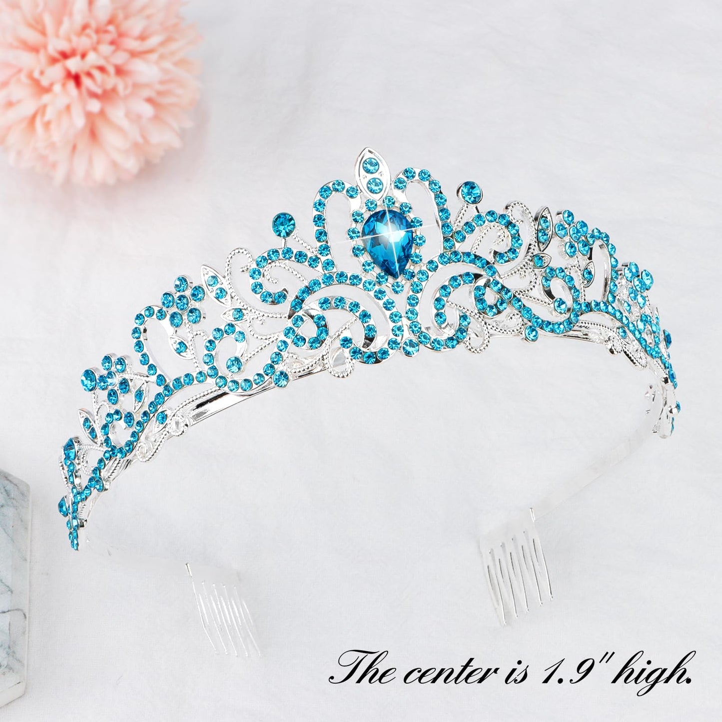 CIEHER Princess Crown and Sash Set - Blue Birthday Tiara for Girls