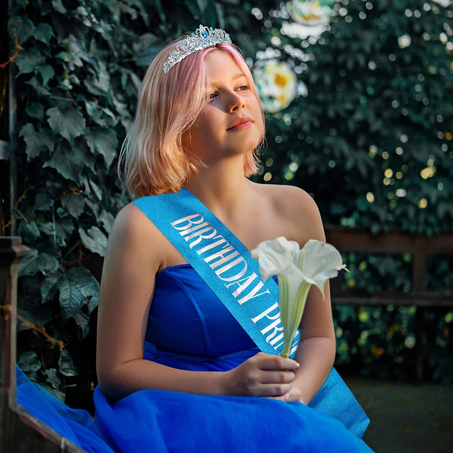 CIEHER Princess Crown and Sash Set - Blue Birthday Tiara for Girls