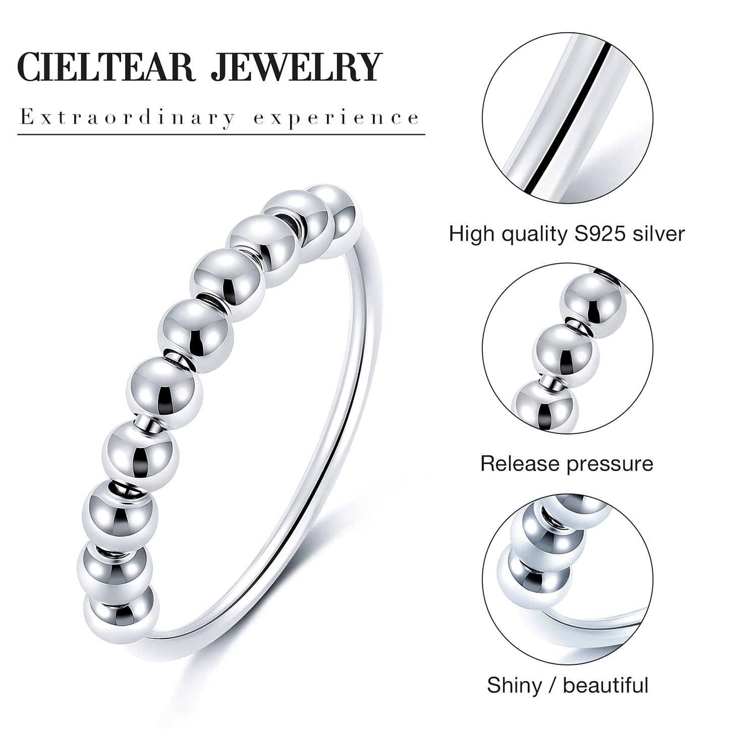 CIELTEAR 925 Sterling Silver Fidget Ring for Women – Calm Anxiety Spinner Jewelry