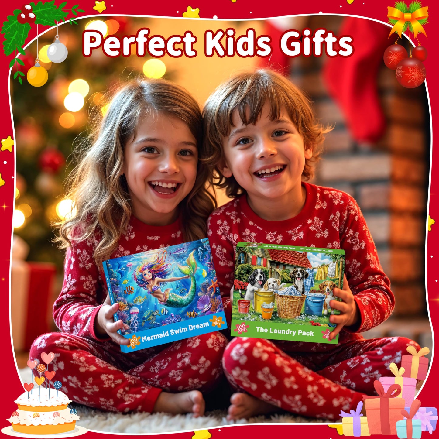 4 Packs 100-Piece Puzzles for Kids Ages 4-10 | Ciesa Mermaid, Dogs & Cats, Hamburger Themes