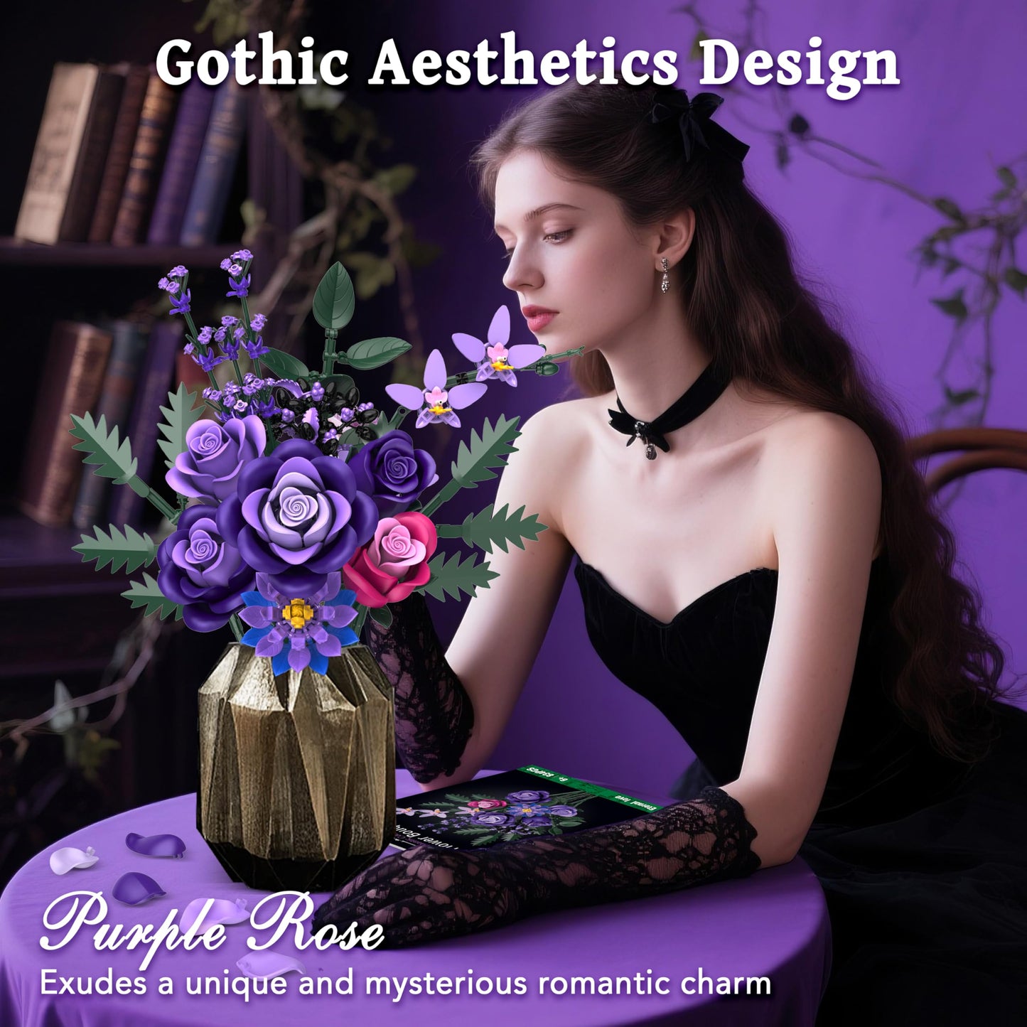Ciesa Purple Roses Flower Bouquet Building Set — 834pcs, Lego-Compatible Gothic Decor for Adults