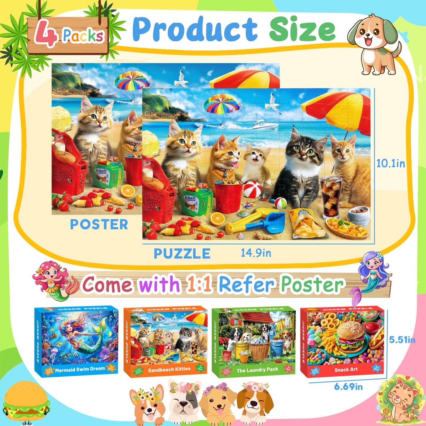 4 Packs 100-Piece Puzzles for Kids Ages 4-10 | Ciesa Mermaid, Dogs & Cats, Hamburger Themes