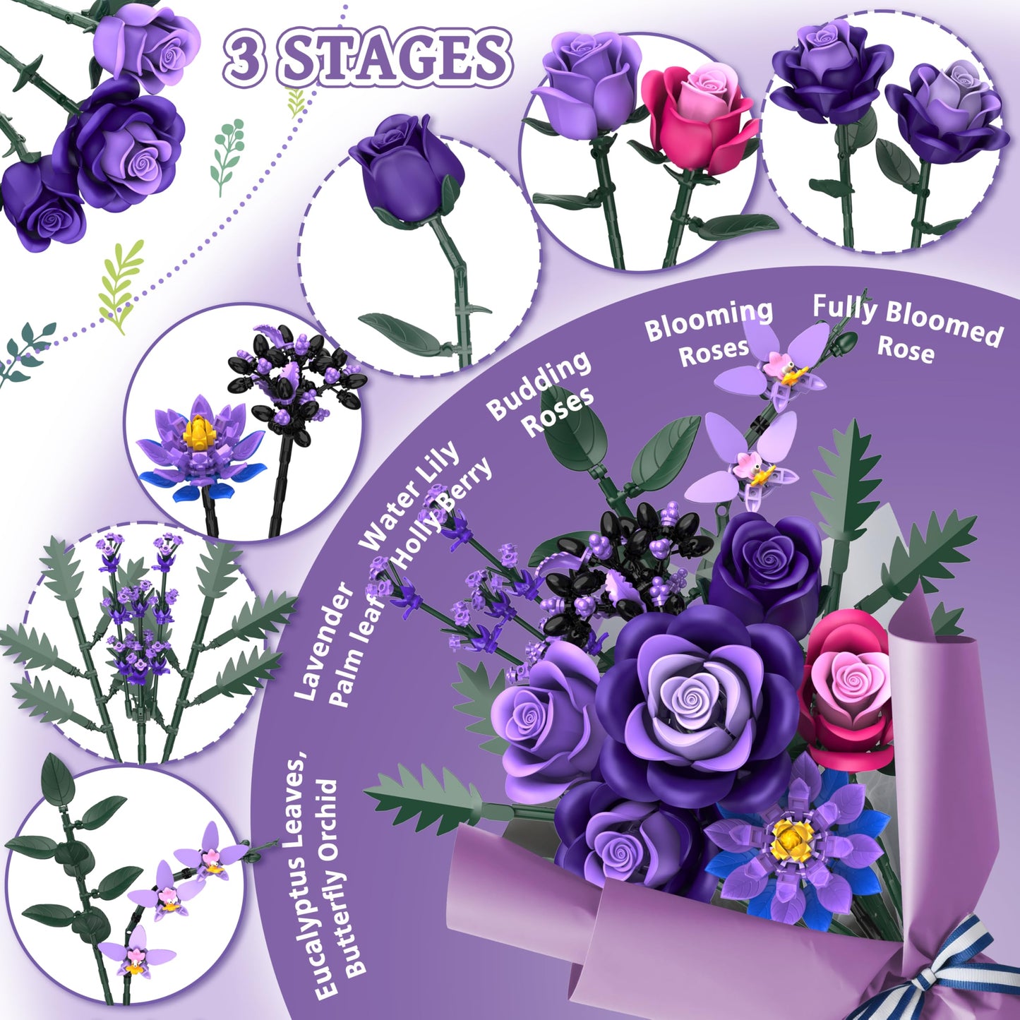 Ciesa Purple Roses Flower Bouquet Building Set — 834pcs, Lego-Compatible Gothic Decor for Adults