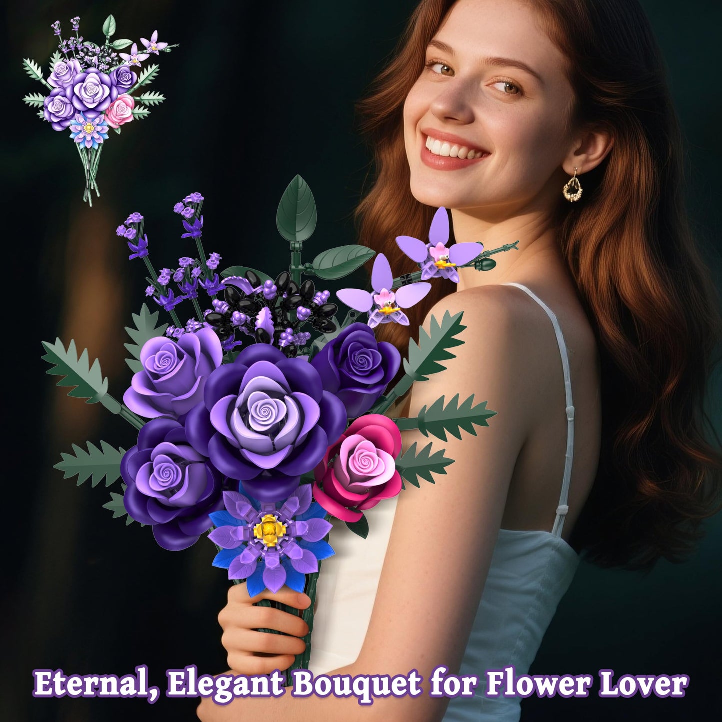 Ciesa Purple Roses Flower Bouquet Building Set — 834pcs, Lego-Compatible Gothic Decor for Adults