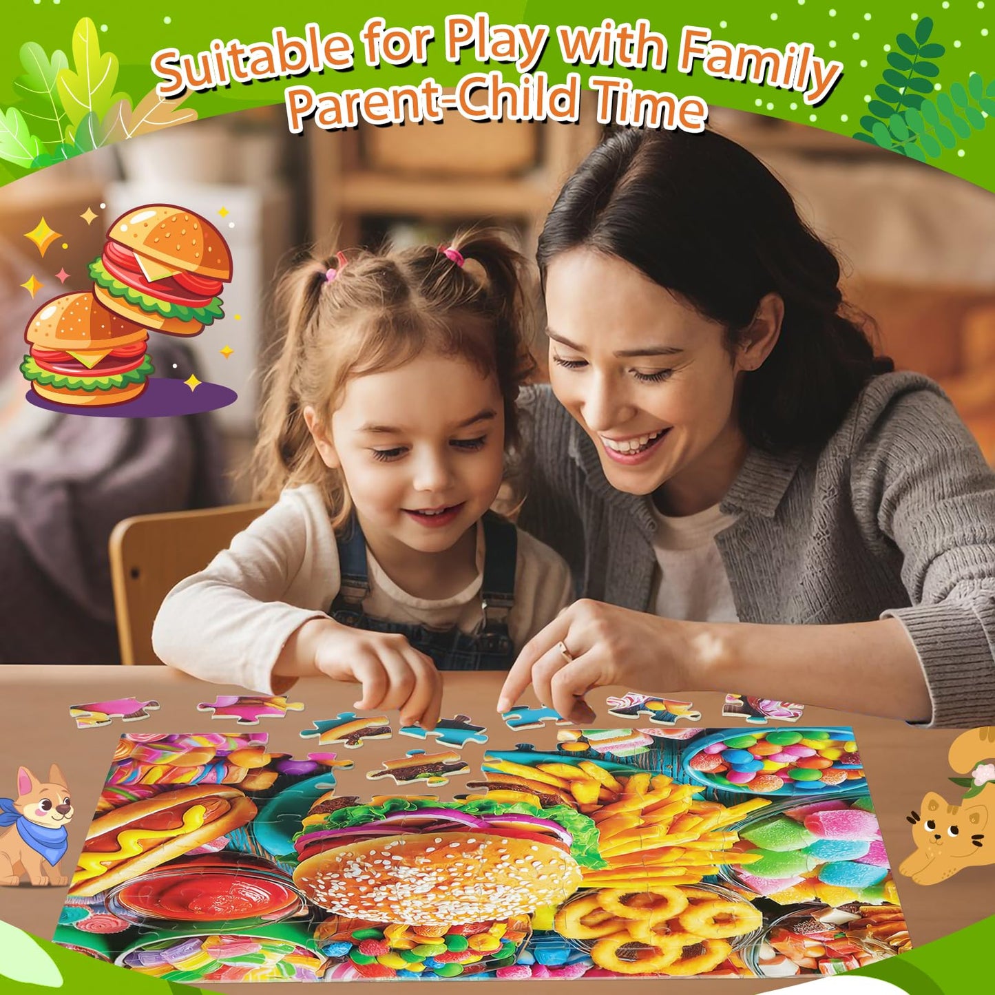 4 Packs 100-Piece Puzzles for Kids Ages 4-10 | Ciesa Mermaid, Dogs & Cats, Hamburger Themes