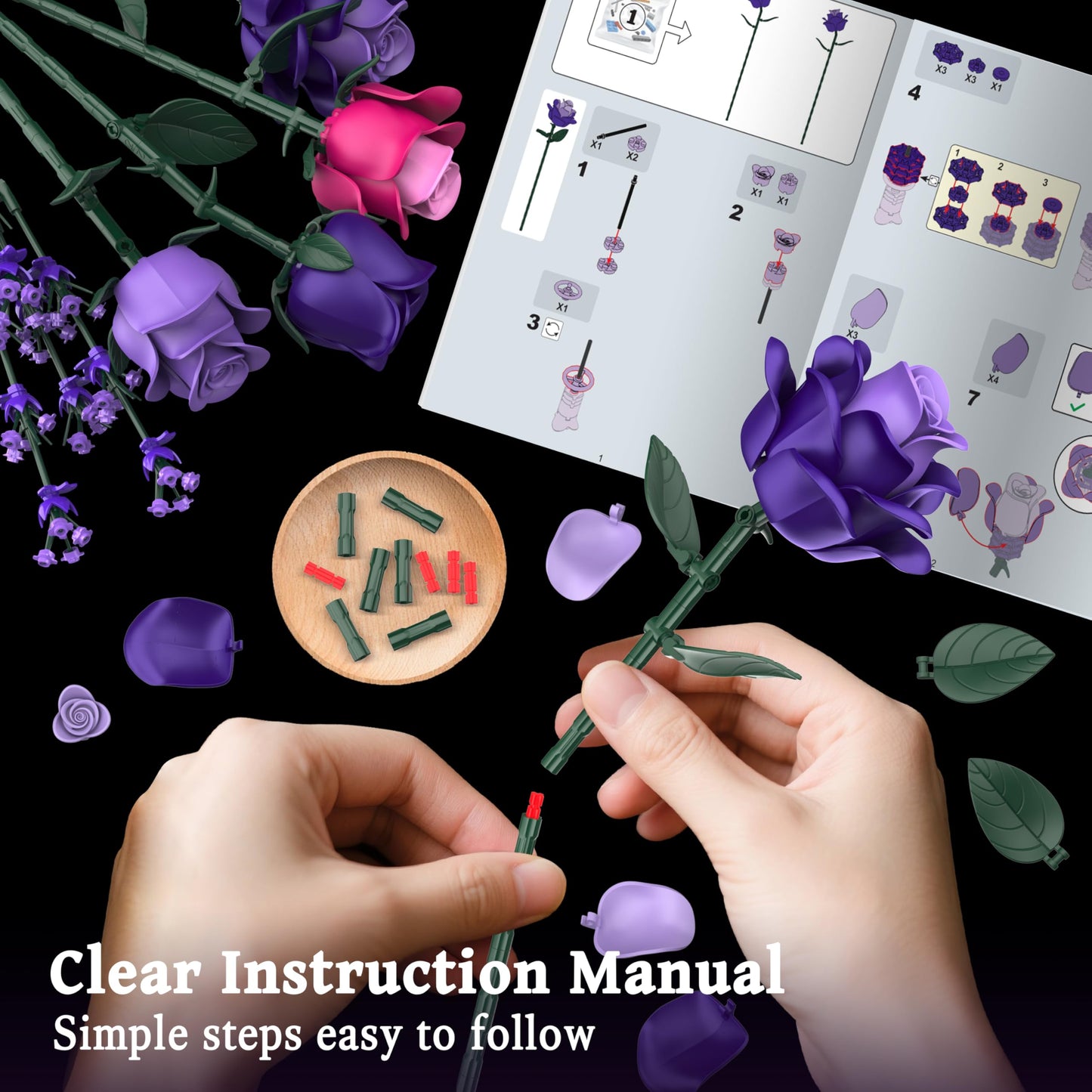 Ciesa Purple Roses Flower Bouquet Building Set — 834pcs, Lego-Compatible Gothic Decor for Adults