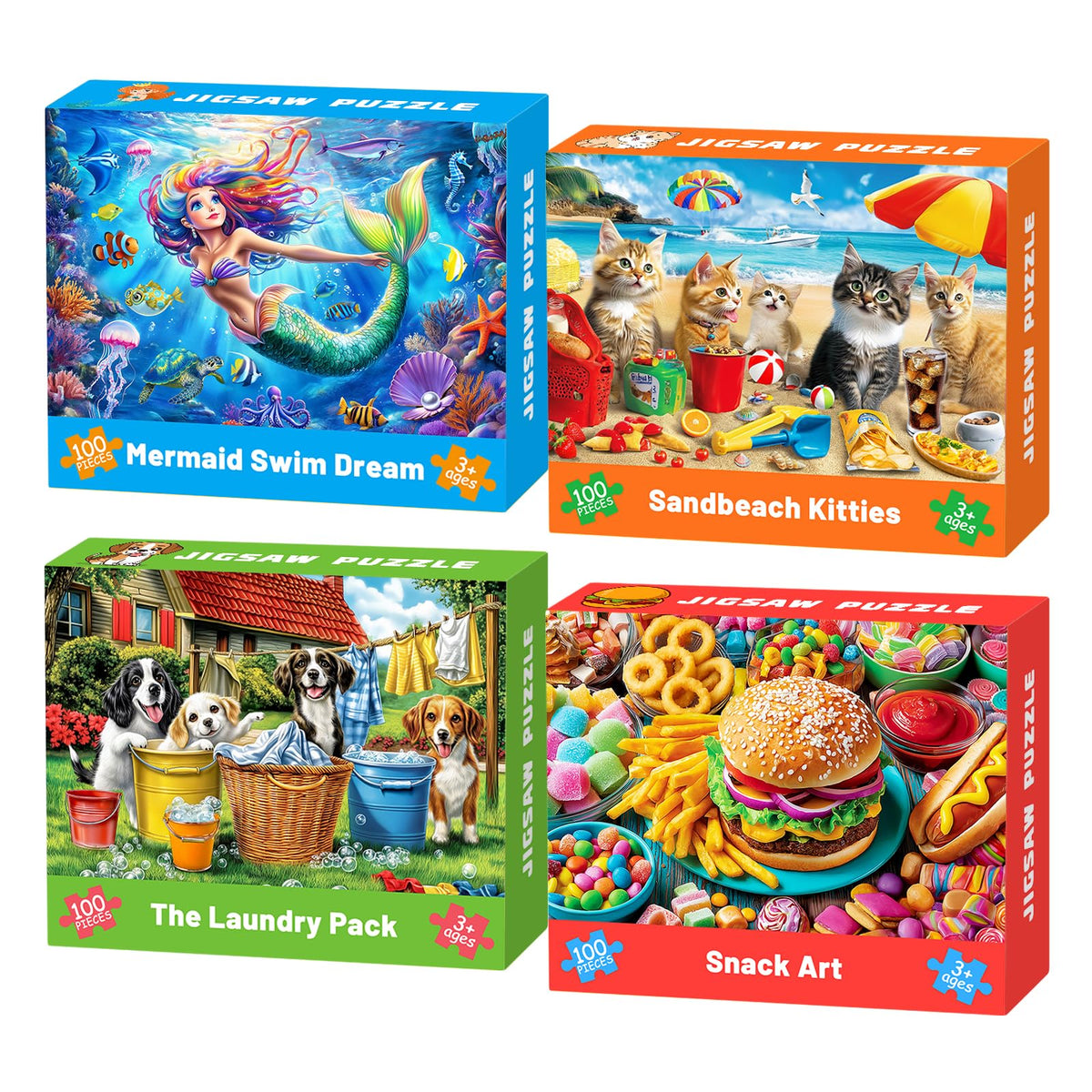 4 Packs 100-Piece Puzzles for Kids Ages 4-10 | Ciesa Mermaid, Dogs & Cats, Hamburger Themes