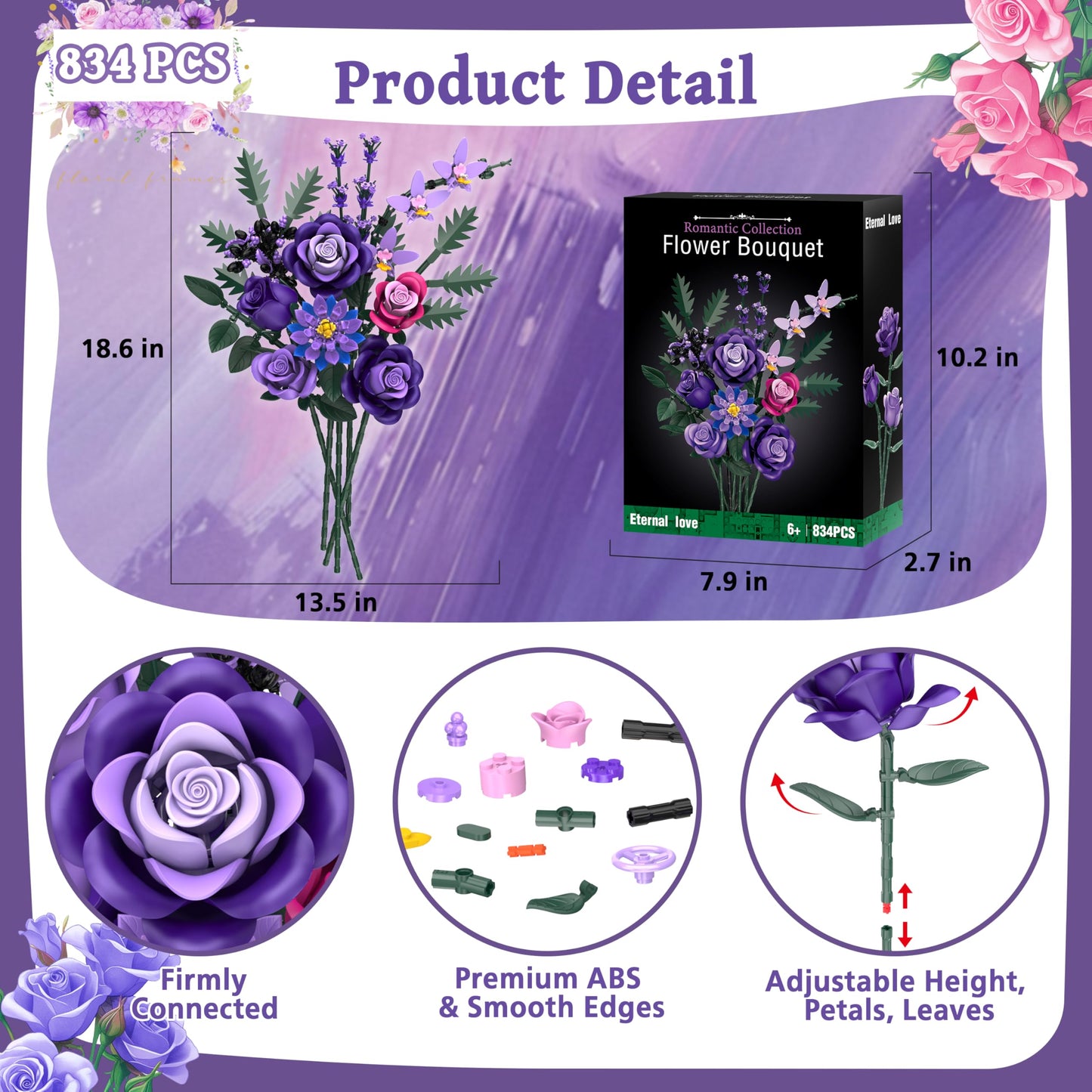 Ciesa Purple Roses Flower Bouquet Building Set — 834pcs, Lego-Compatible Gothic Decor for Adults