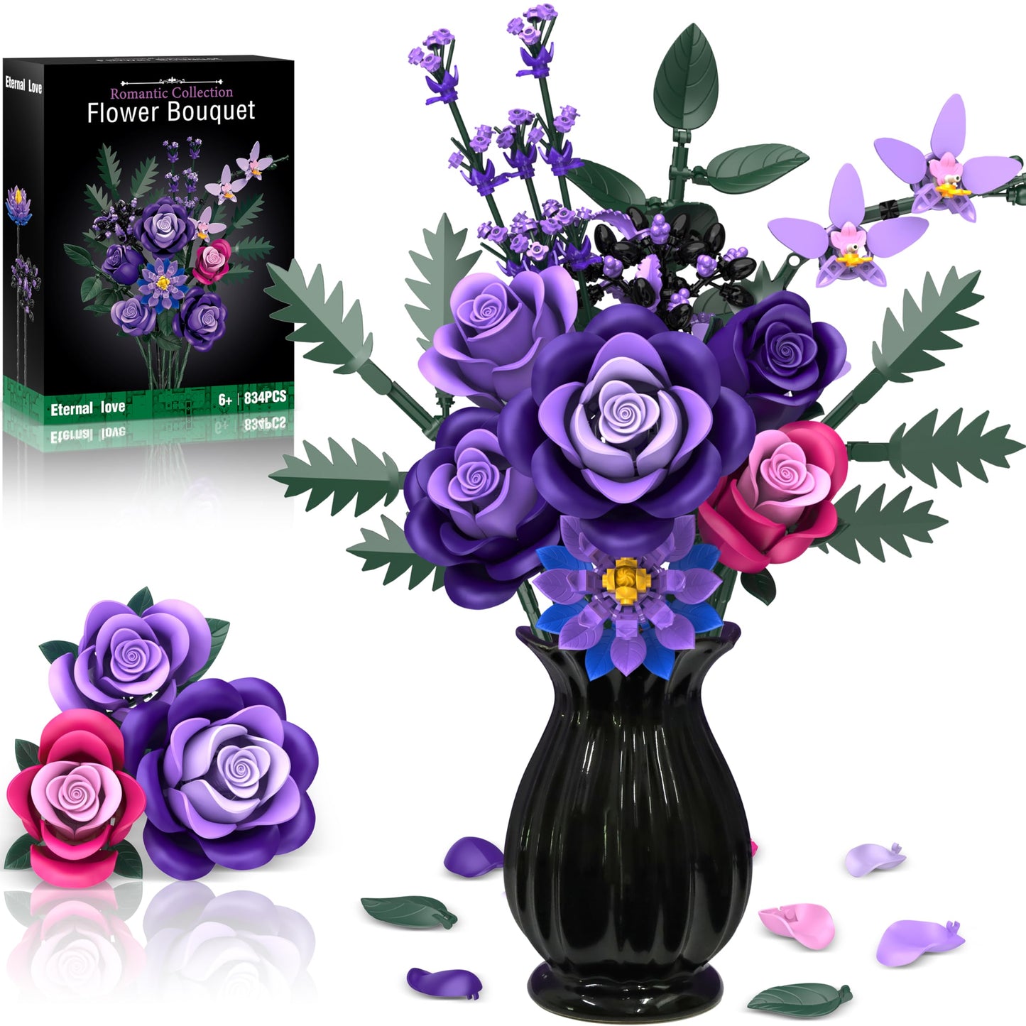 Ciesa Purple Roses Flower Bouquet Building Set — 834pcs, Lego-Compatible Gothic Decor for Adults