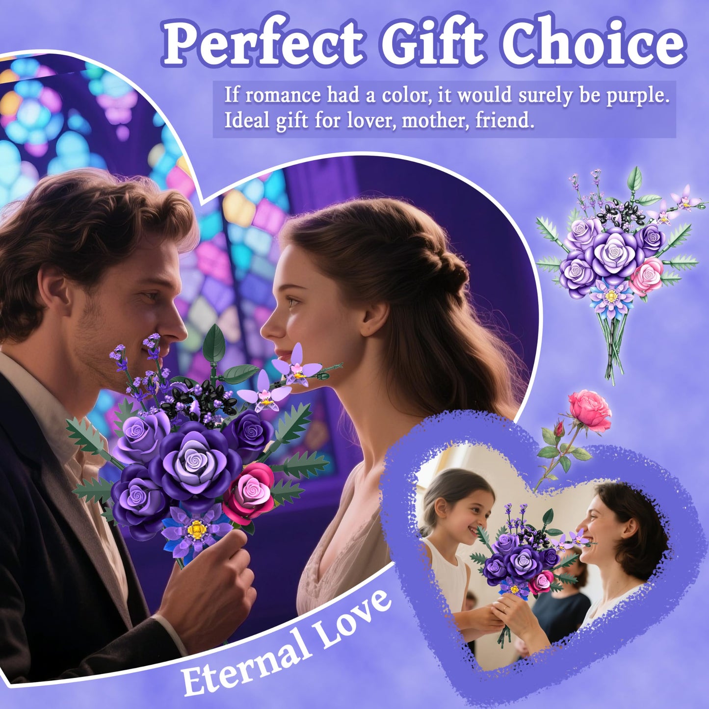 Ciesa Purple Roses Flower Bouquet Building Set — 834pcs, Lego-Compatible Gothic Decor for Adults