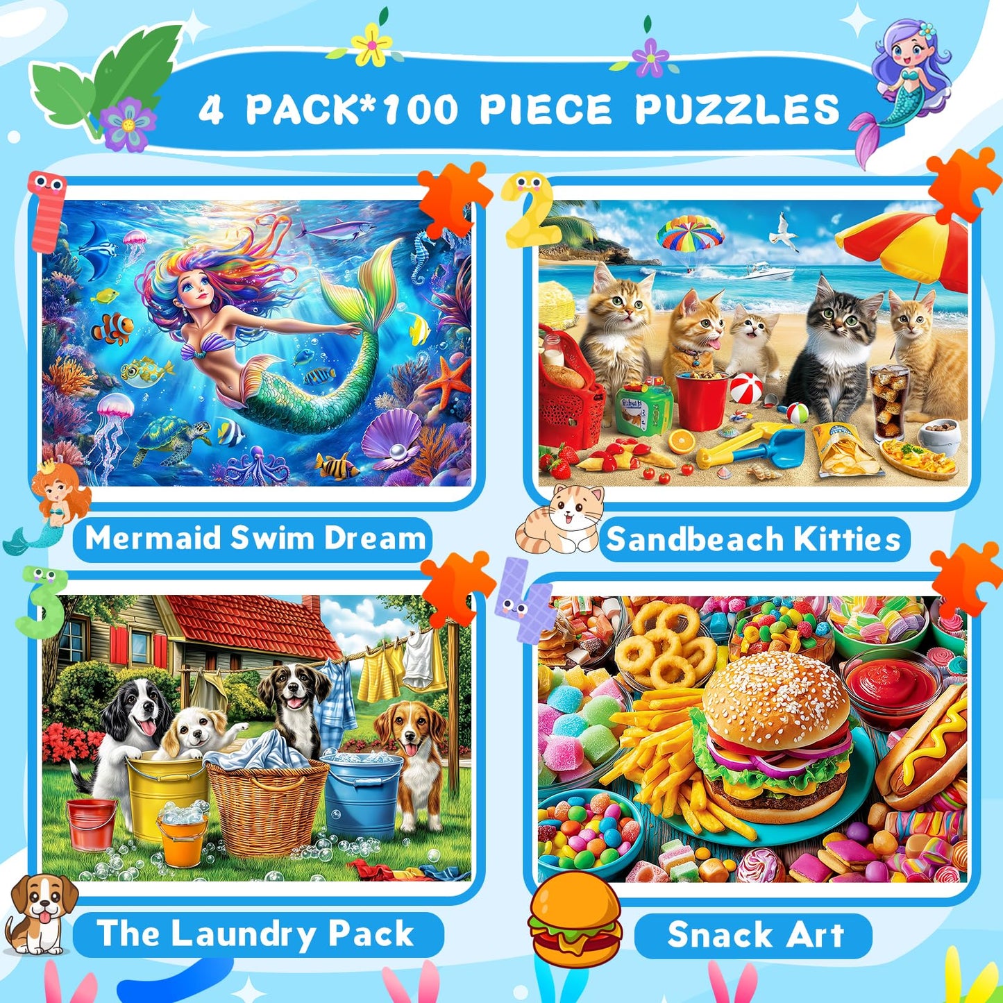 4 Packs 100-Piece Puzzles for Kids Ages 4-10 | Ciesa Mermaid, Dogs & Cats, Hamburger Themes