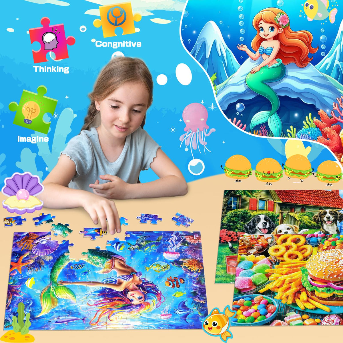 4 Packs 100-Piece Puzzles for Kids Ages 4-10 | Ciesa Mermaid, Dogs & Cats, Hamburger Themes