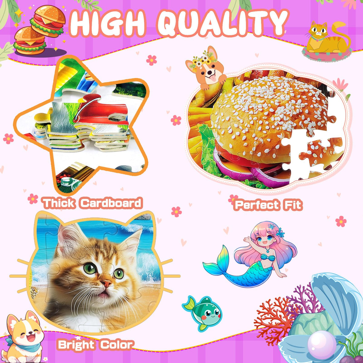 4 Packs 100-Piece Puzzles for Kids Ages 4-10 | Ciesa Mermaid, Dogs & Cats, Hamburger Themes