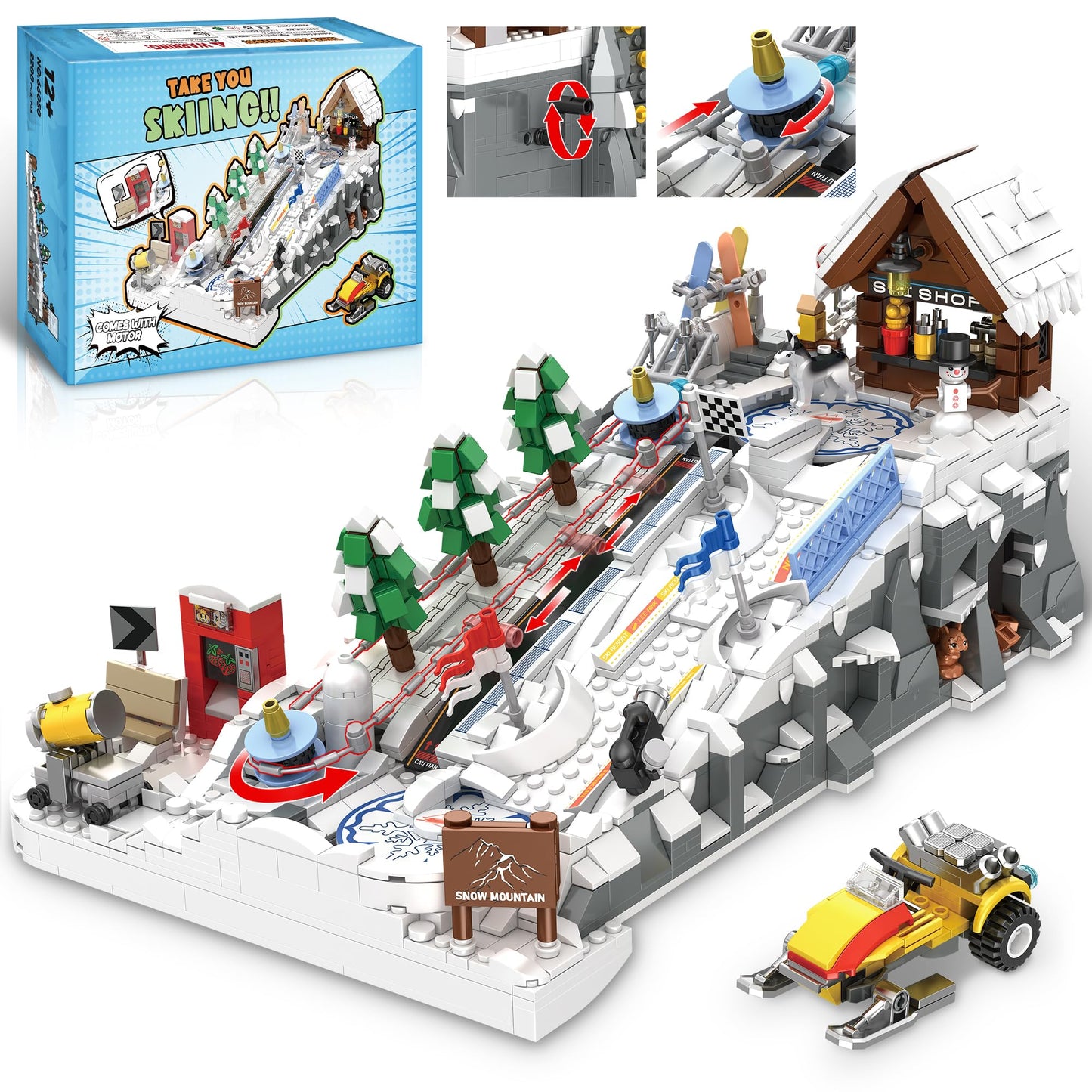 CinamixBrax Winter Ski Resort Building Block – Interactive Cable Car, Ski Shop & Snowmobile, 2200 Pcs