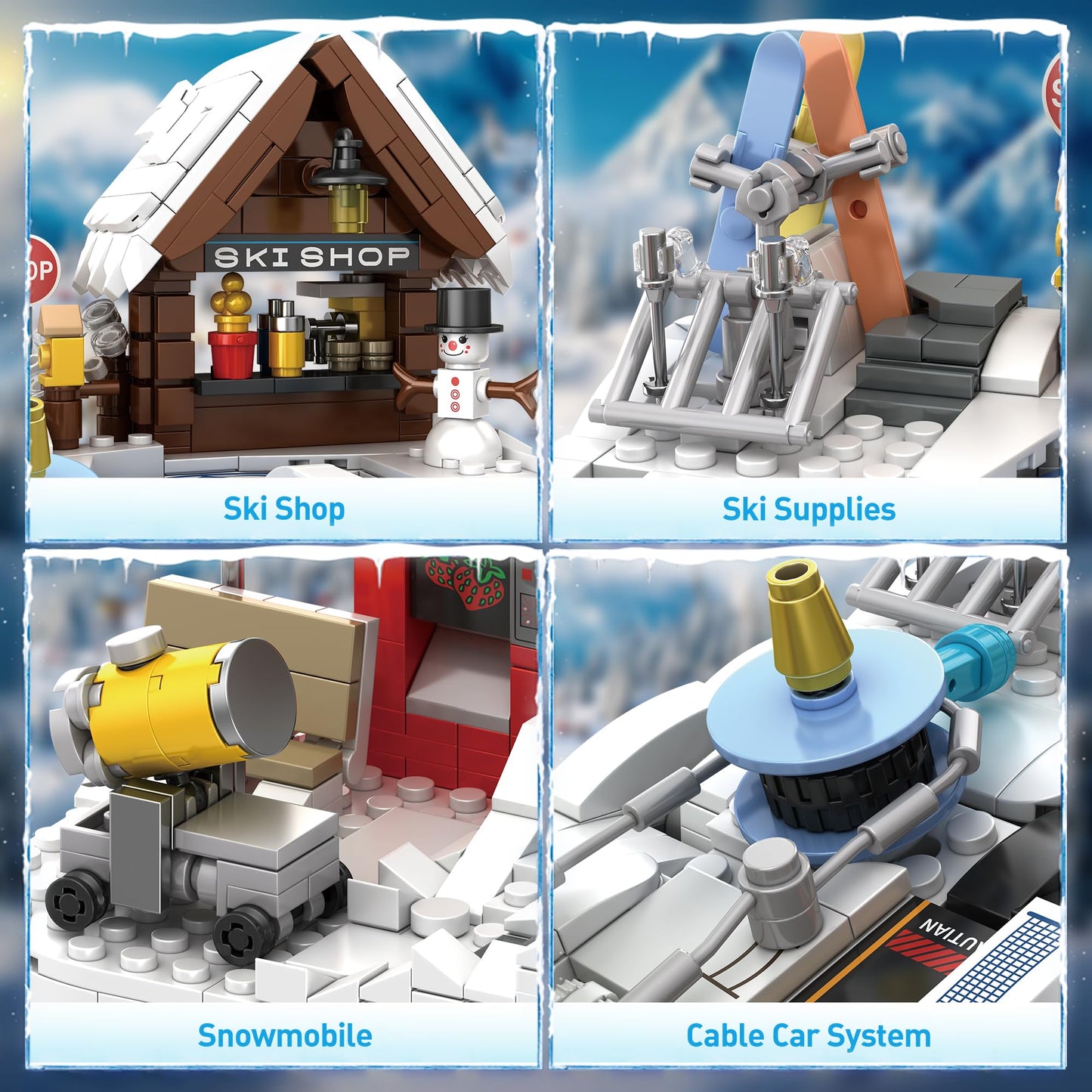 CinamixBrax Winter Ski Resort Building Block – Interactive Cable Car, Ski Shop & Snowmobile, 2200 Pcs