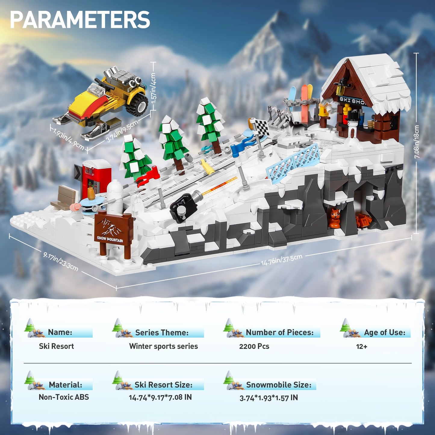 CinamixBrax Winter Ski Resort Building Block – Interactive Cable Car, Ski Shop & Snowmobile, 2200 Pcs