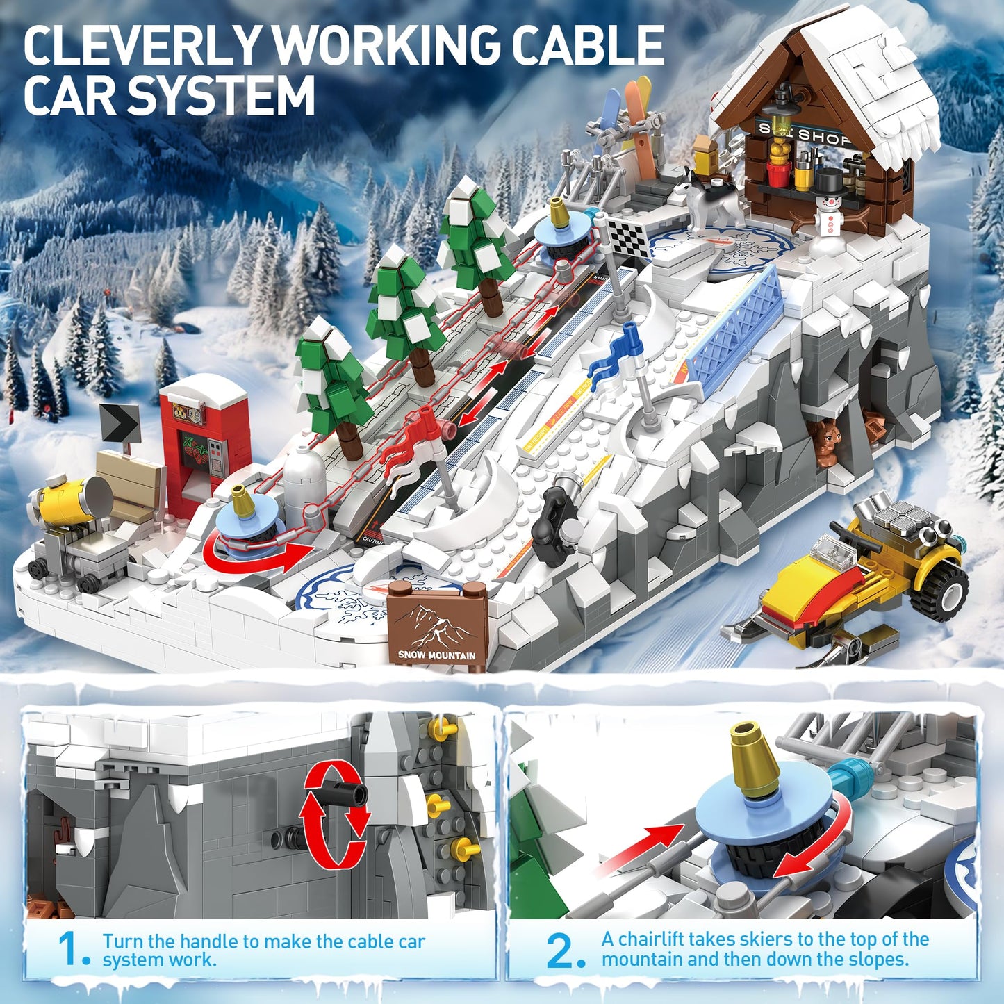 CinamixBrax Winter Ski Resort Building Block – Interactive Cable Car, Ski Shop & Snowmobile, 2200 Pcs