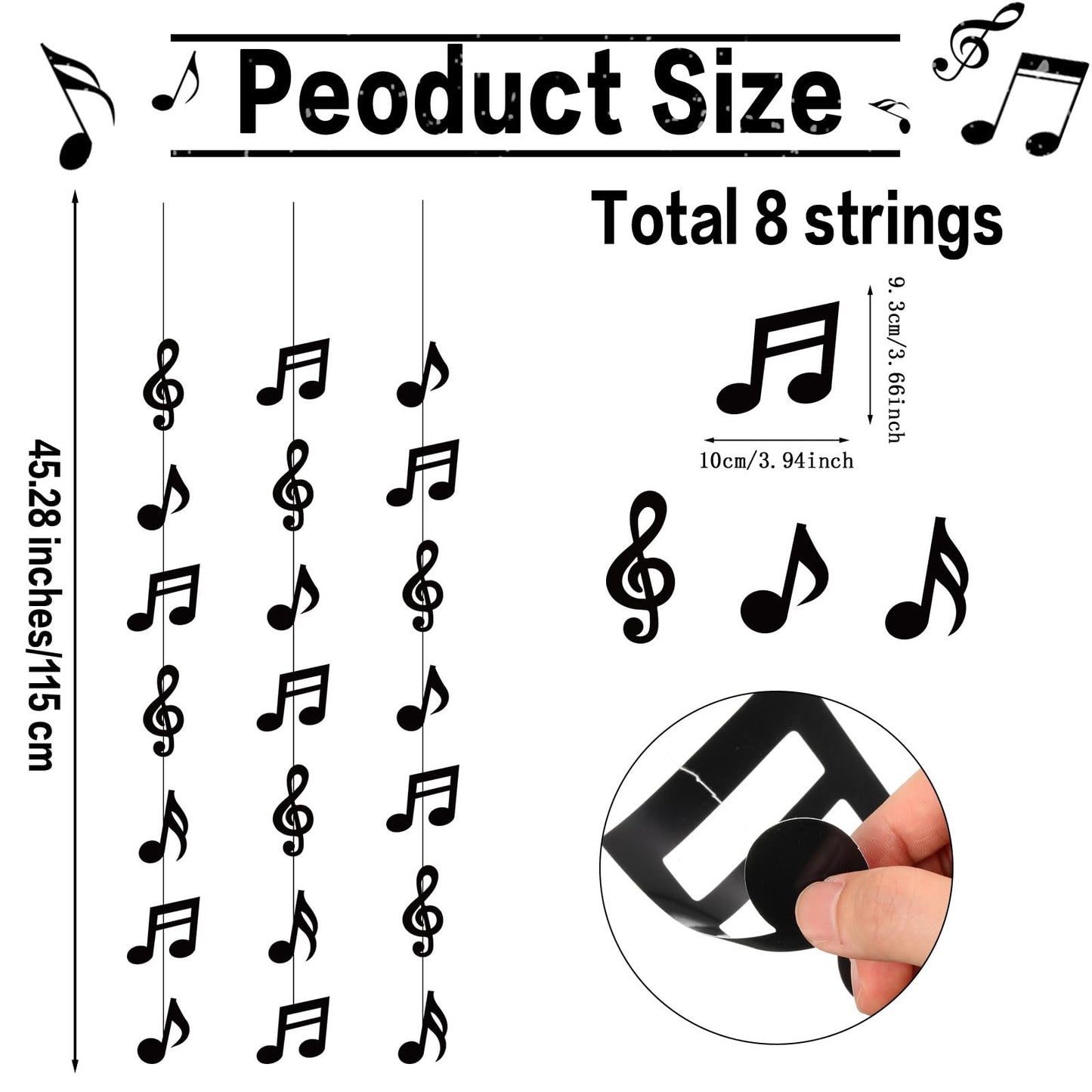 Cindeer 8 Pcs Music Notes Party Decorations — Black Garland for 50s & 70s Themed Parties, Weddings