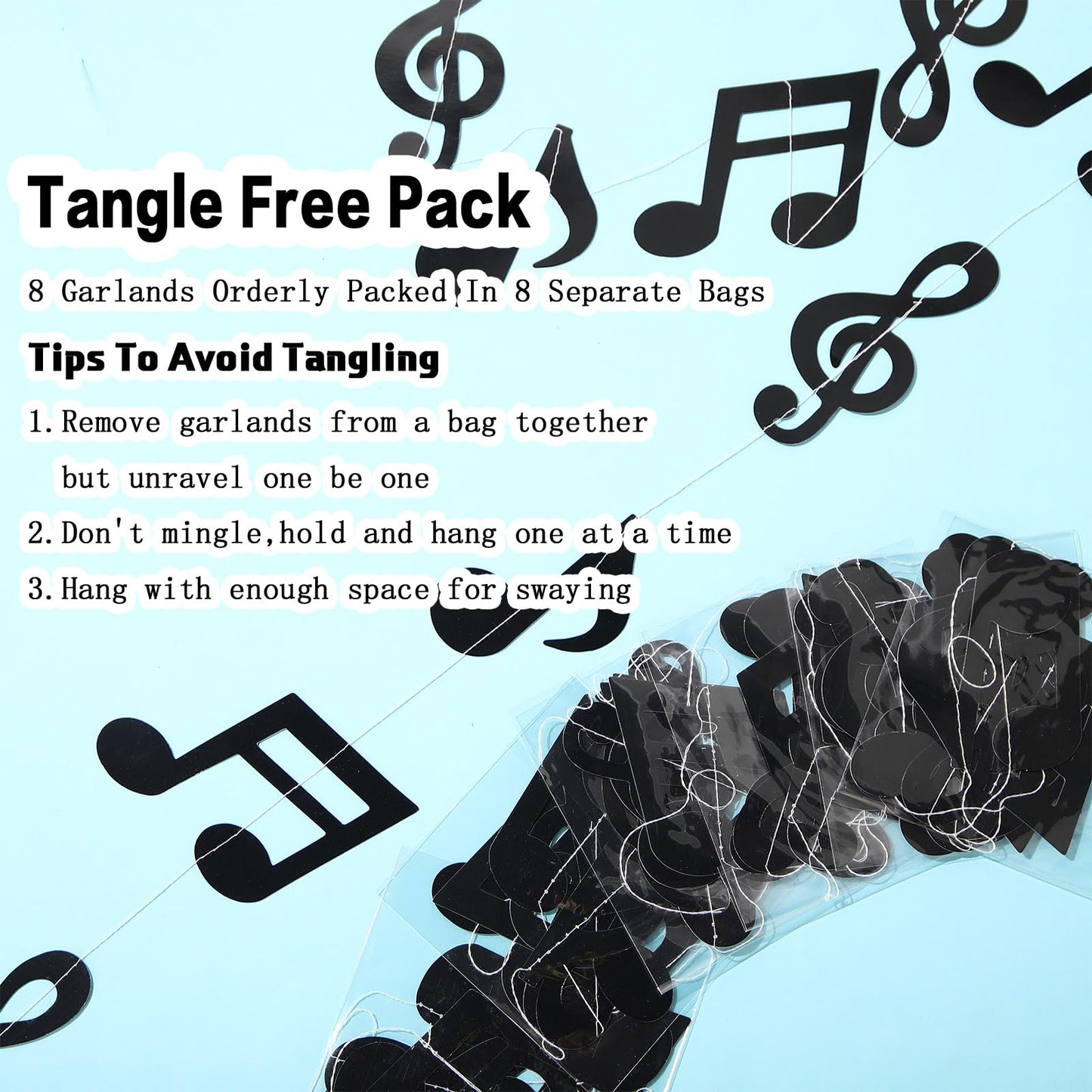 Cindeer 8 Pcs Music Notes Party Decorations — Black Garland for 50s & 70s Themed Parties, Weddings