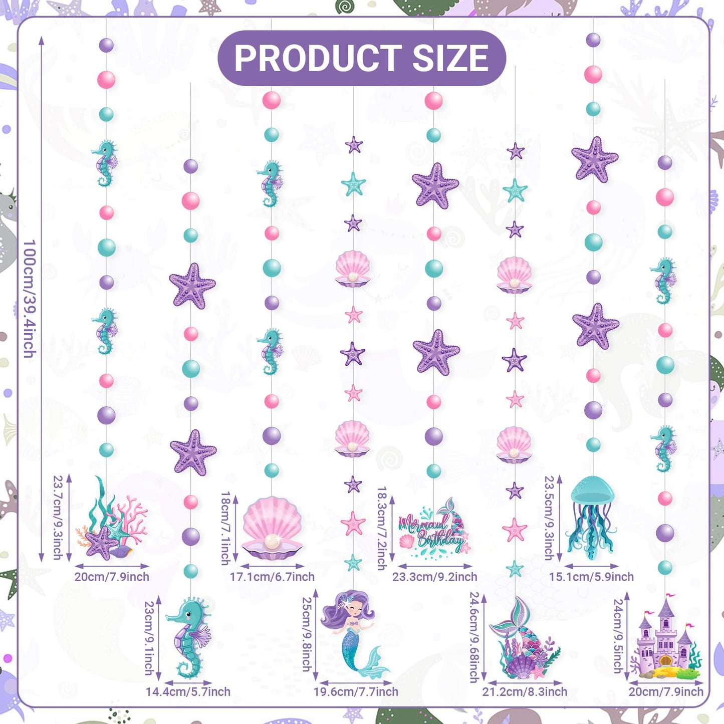 Cindeer 8 Pcs Mermaid Birthday Party Decorations – Ocean Garlands & Hanging Banner