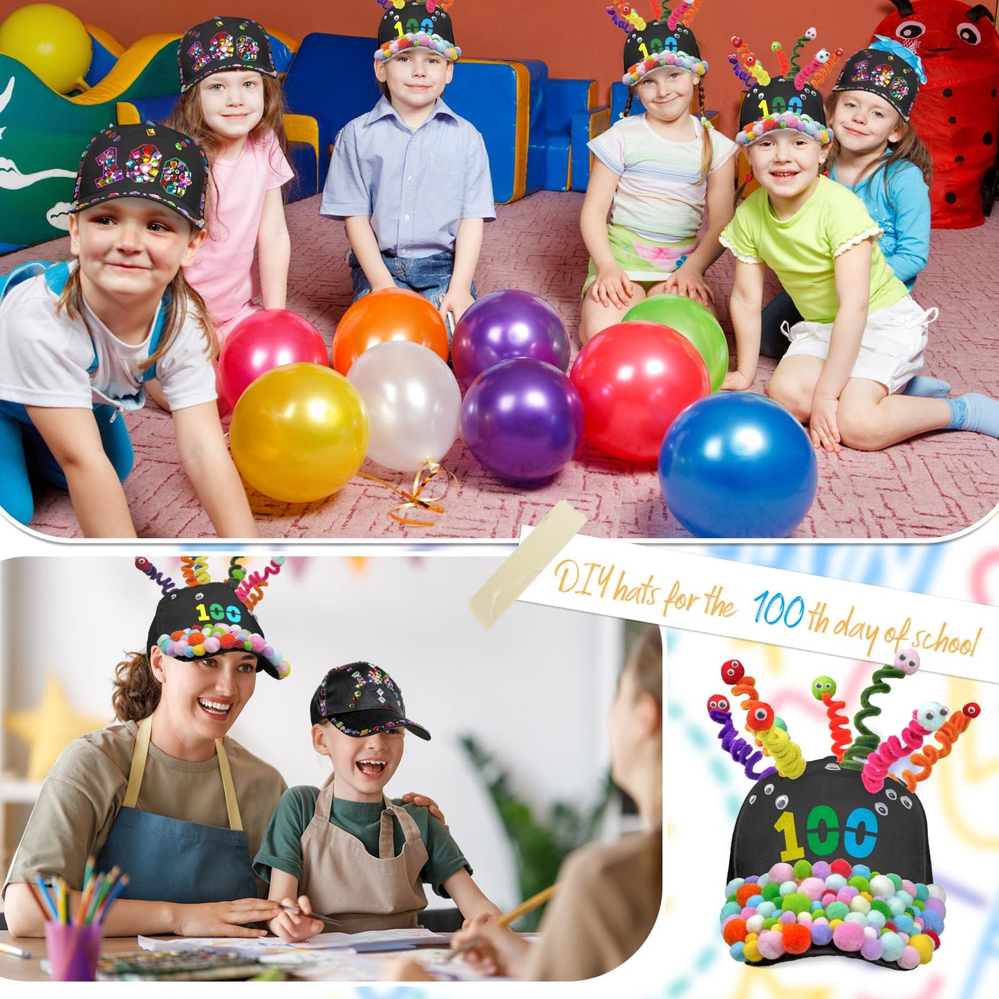 Cinrobiye 3-Piece 100 Days of School DIY Hats Kit – Adjustable Baseball Cap Craft