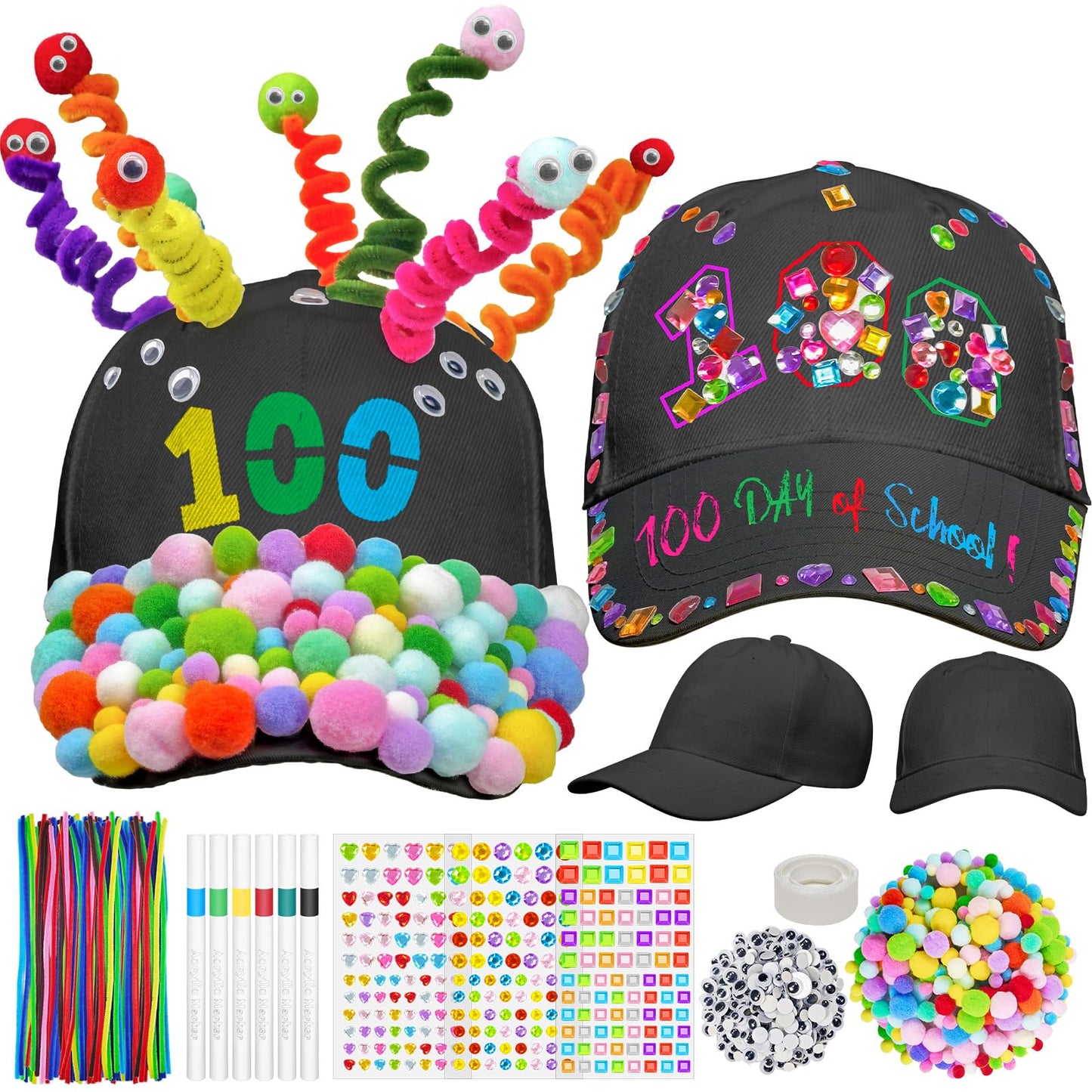 Cinrobiye 3-Piece 100 Days of School DIY Hats Kit – Adjustable Baseball Cap Craft