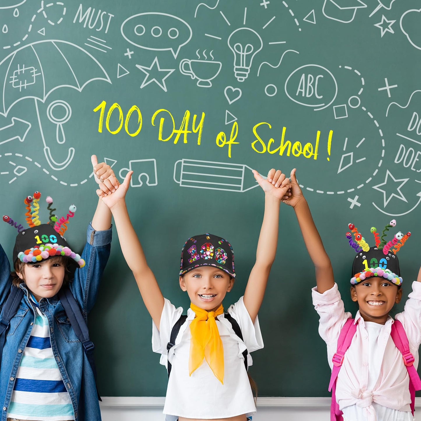 Cinrobiye 3-Piece 100 Days of School DIY Hats Kit – Adjustable Baseball Cap Craft
